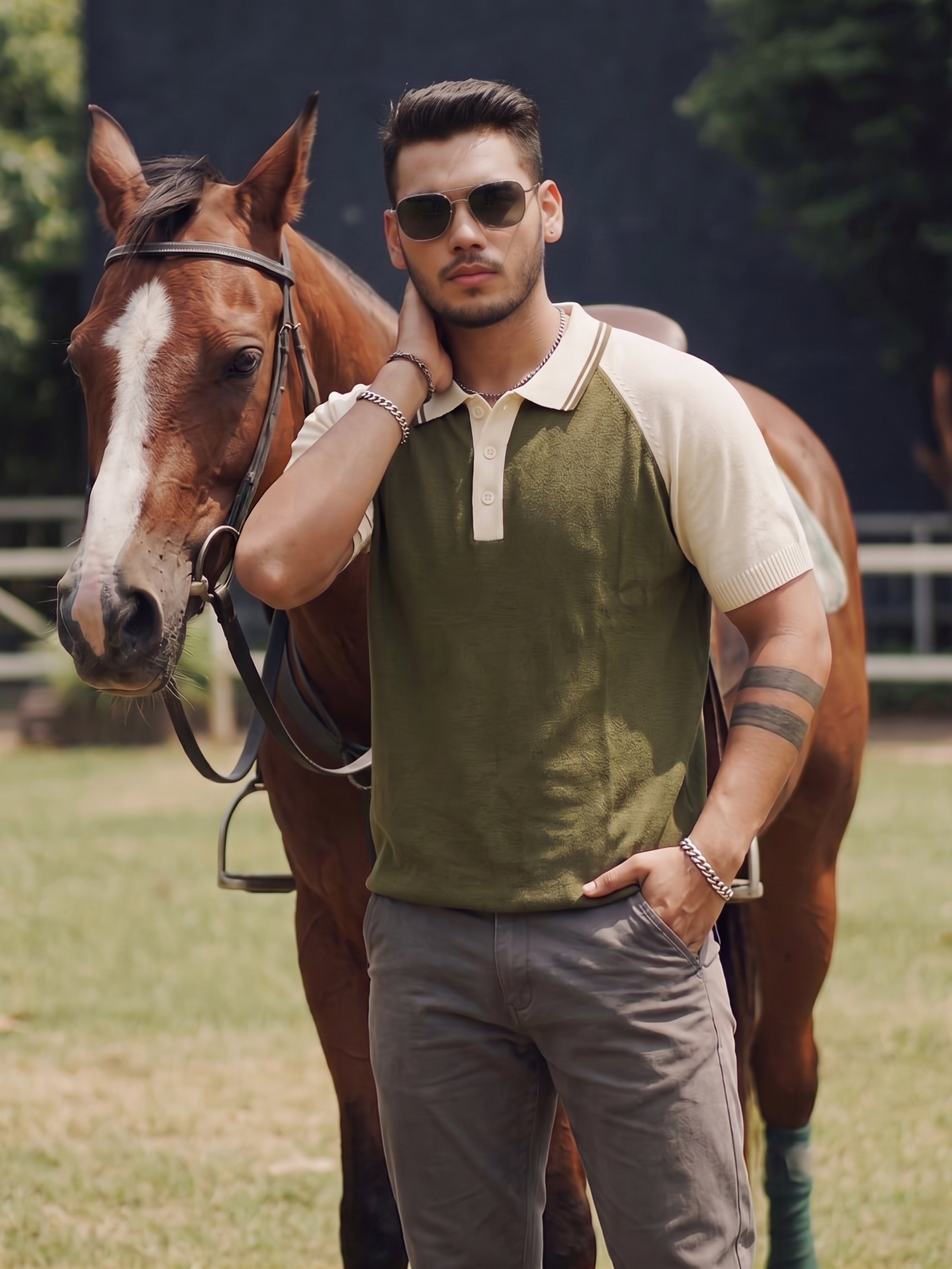 Olive Knitted Raglan Polo