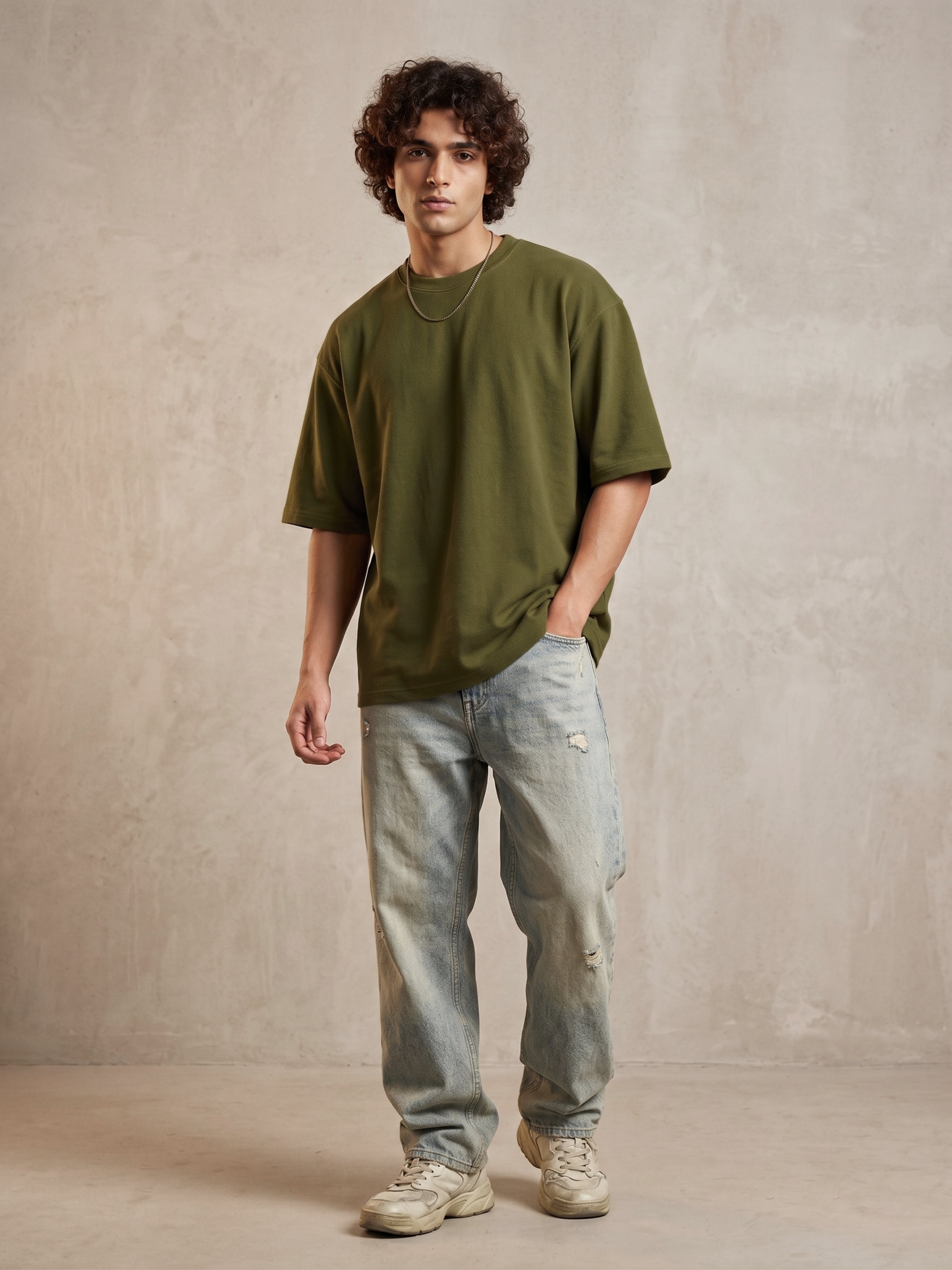 Olive Cotton Lycra Terry oversized Tee