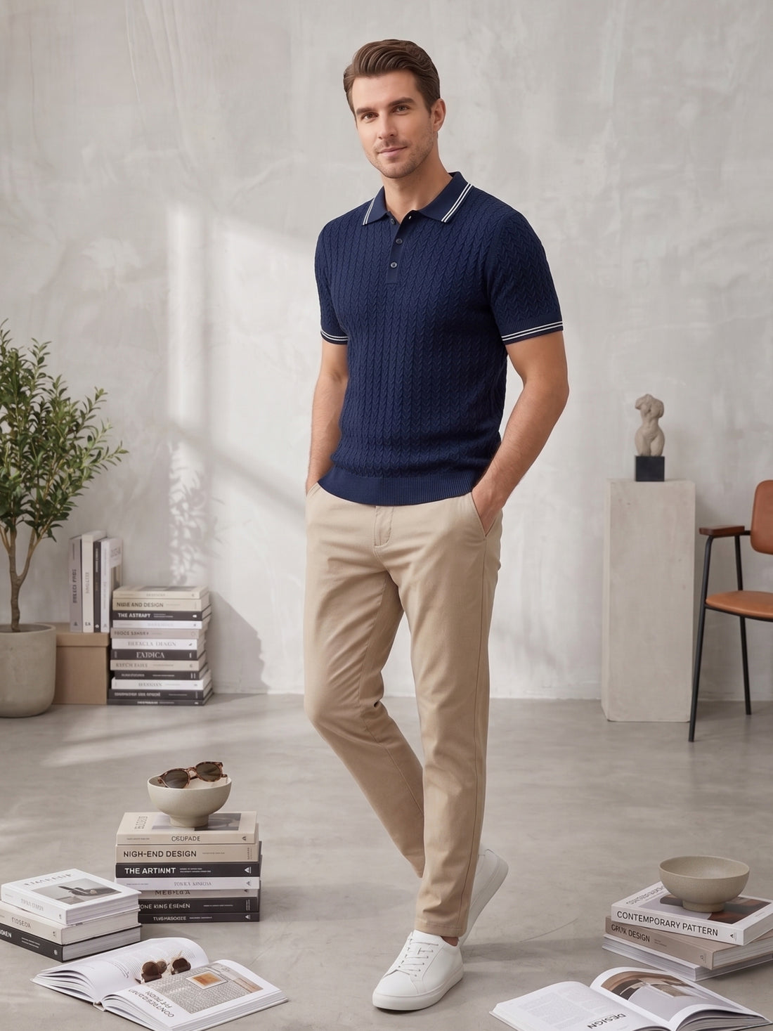 Navy Textured Knitted Polo