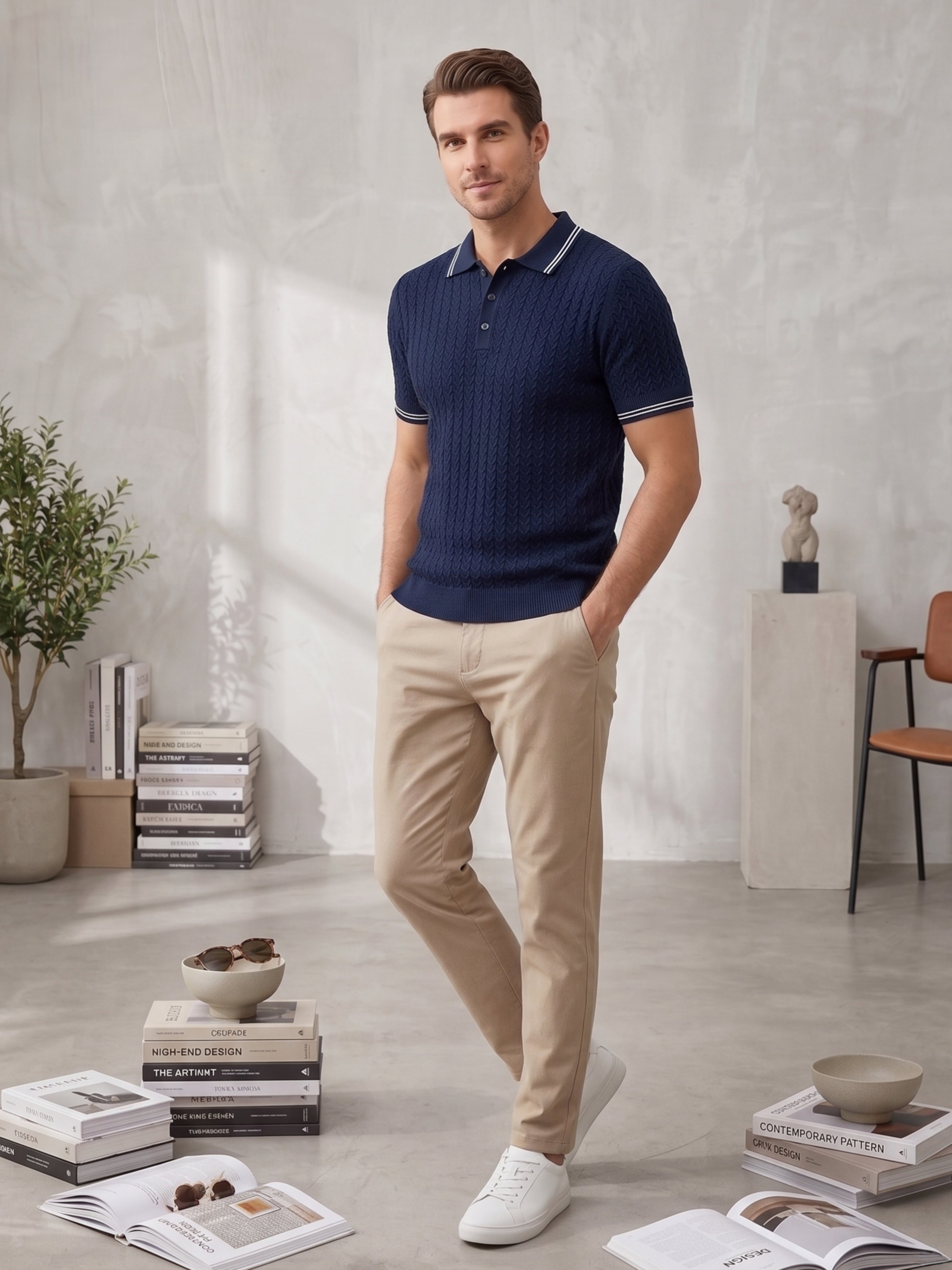 Navy Textured Knitted Polo