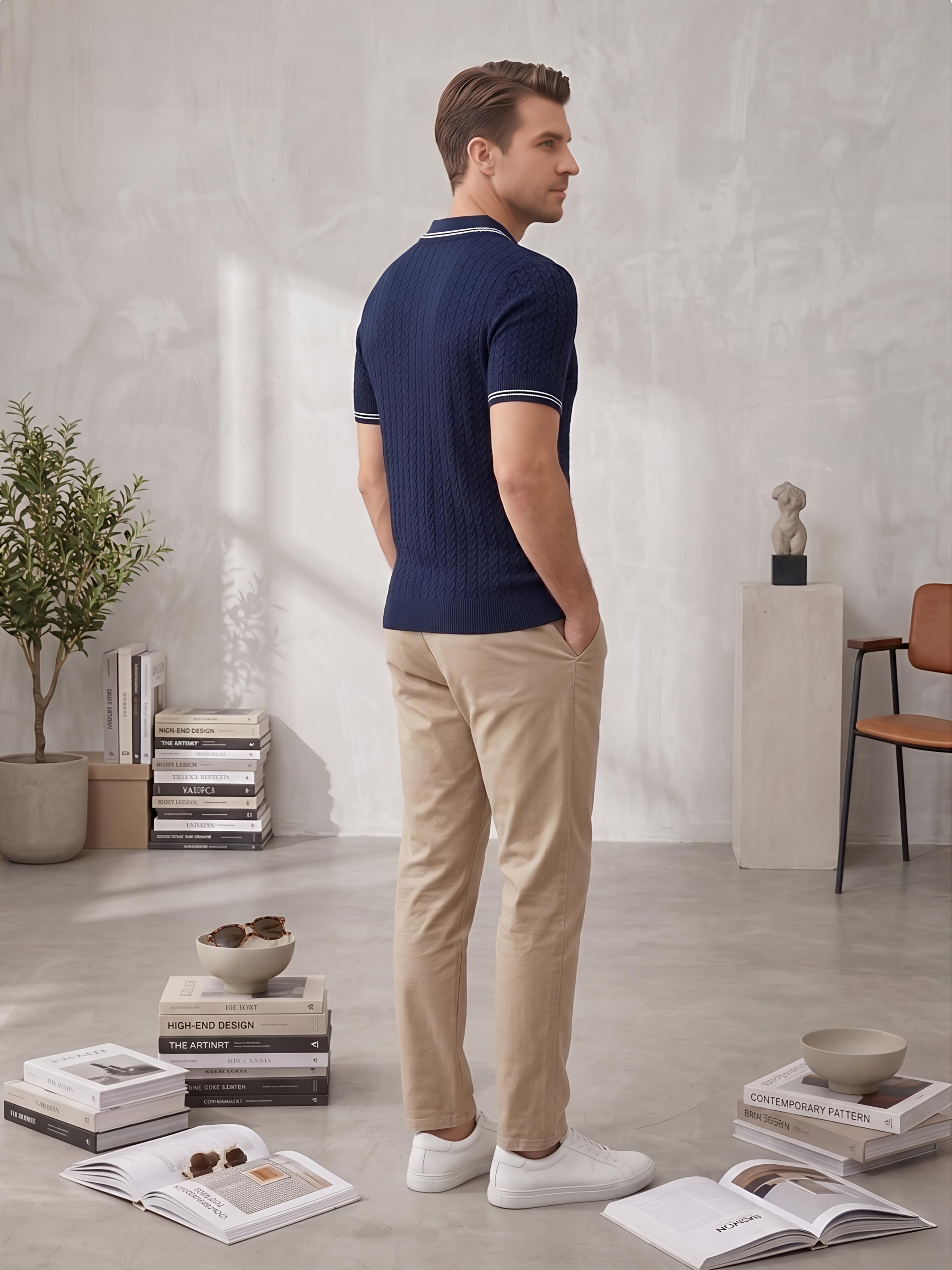 Navy Textured Knitted Polo