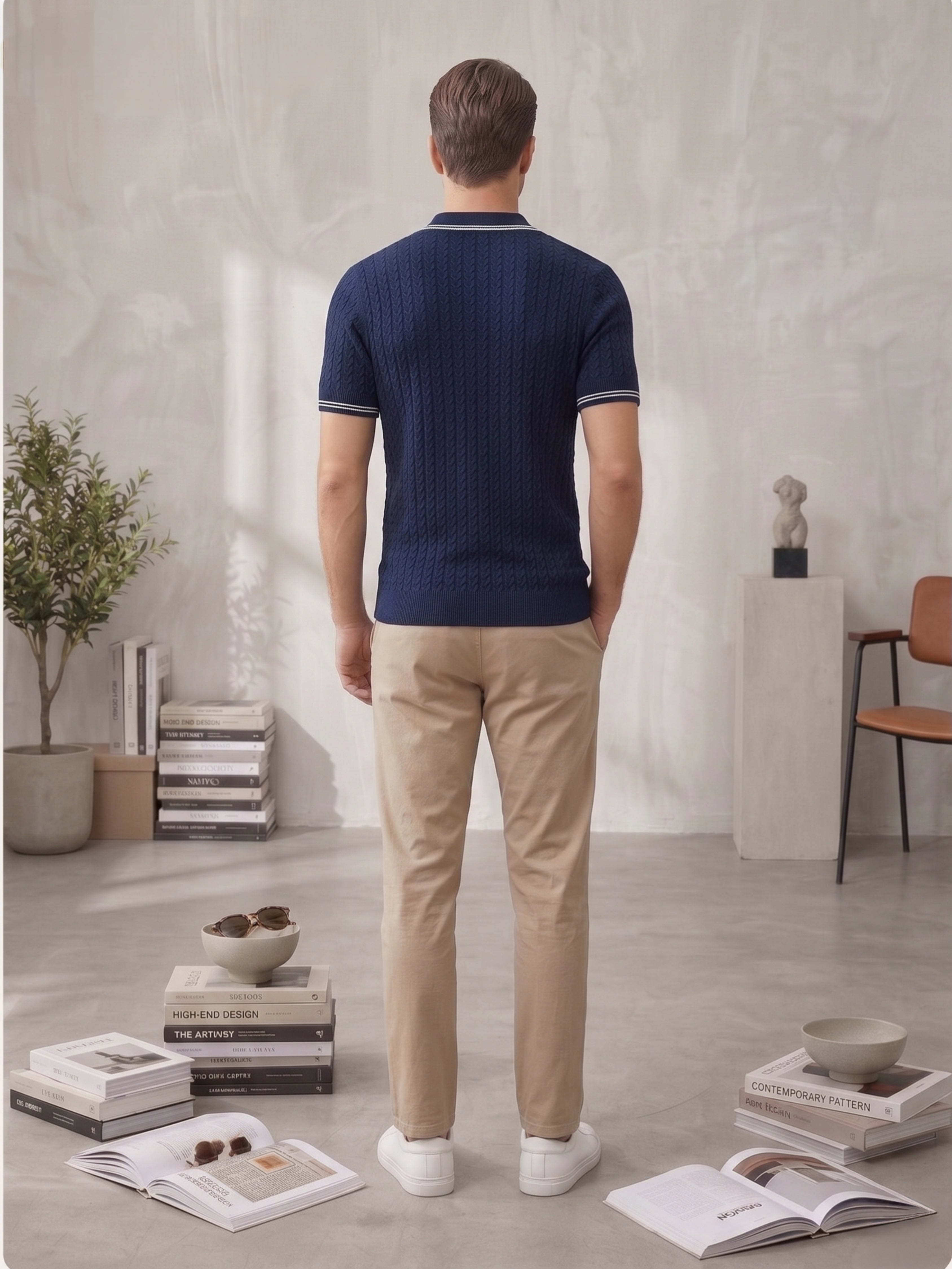 Navy Textured Knitted Polo