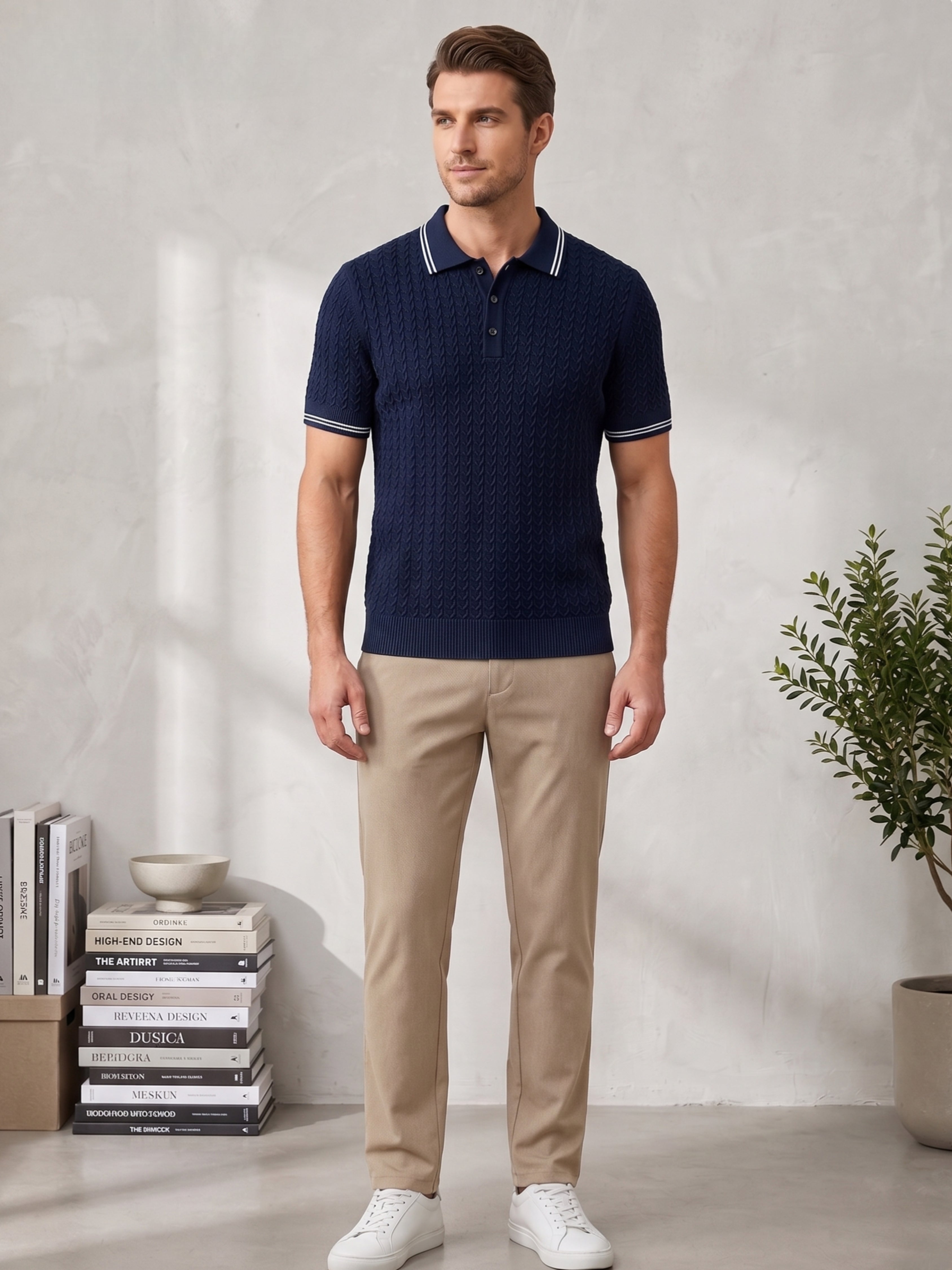 Navy Textured Knitted Polo
