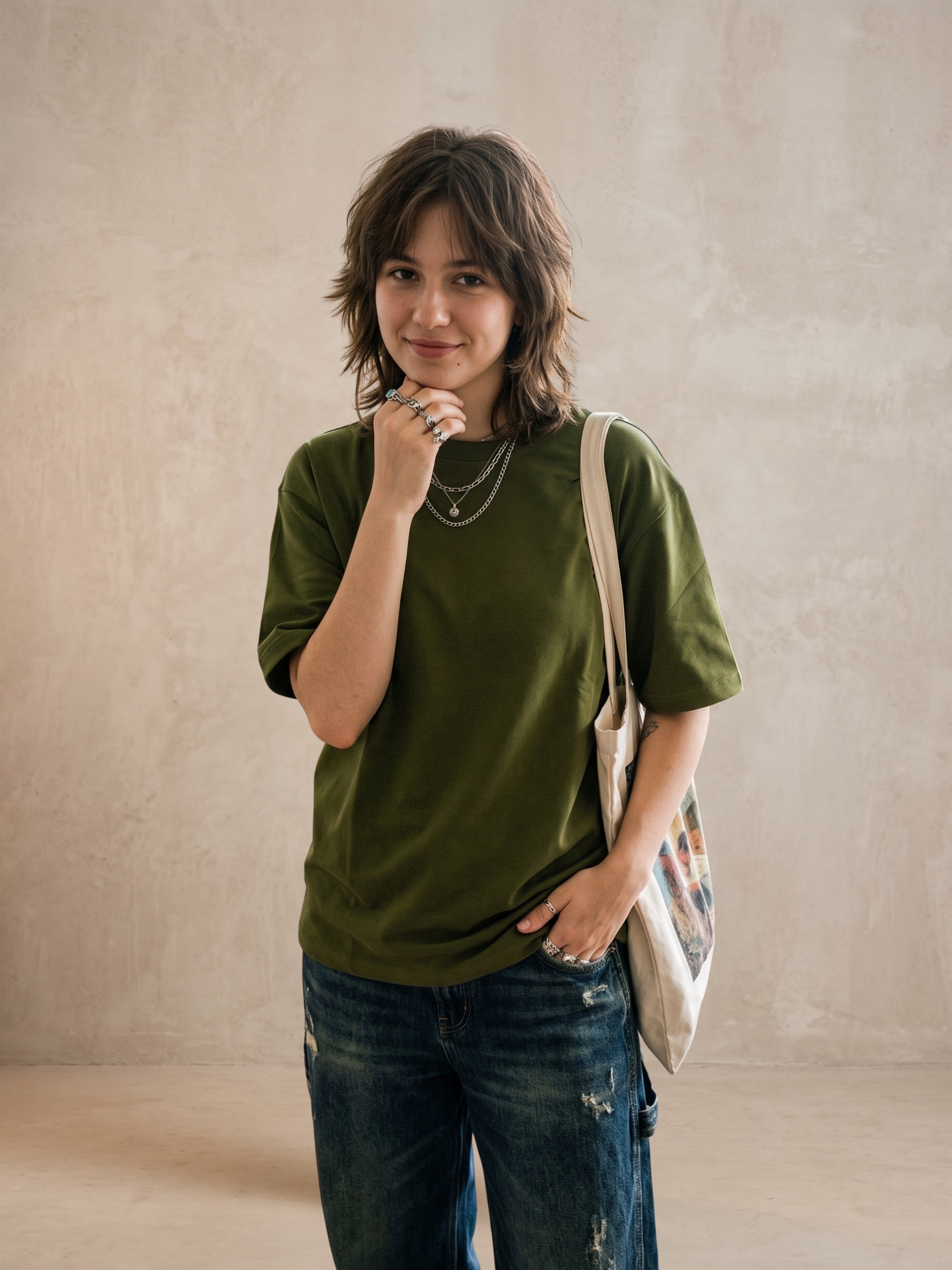 Olive Cotton Lycra Terry oversized Tee