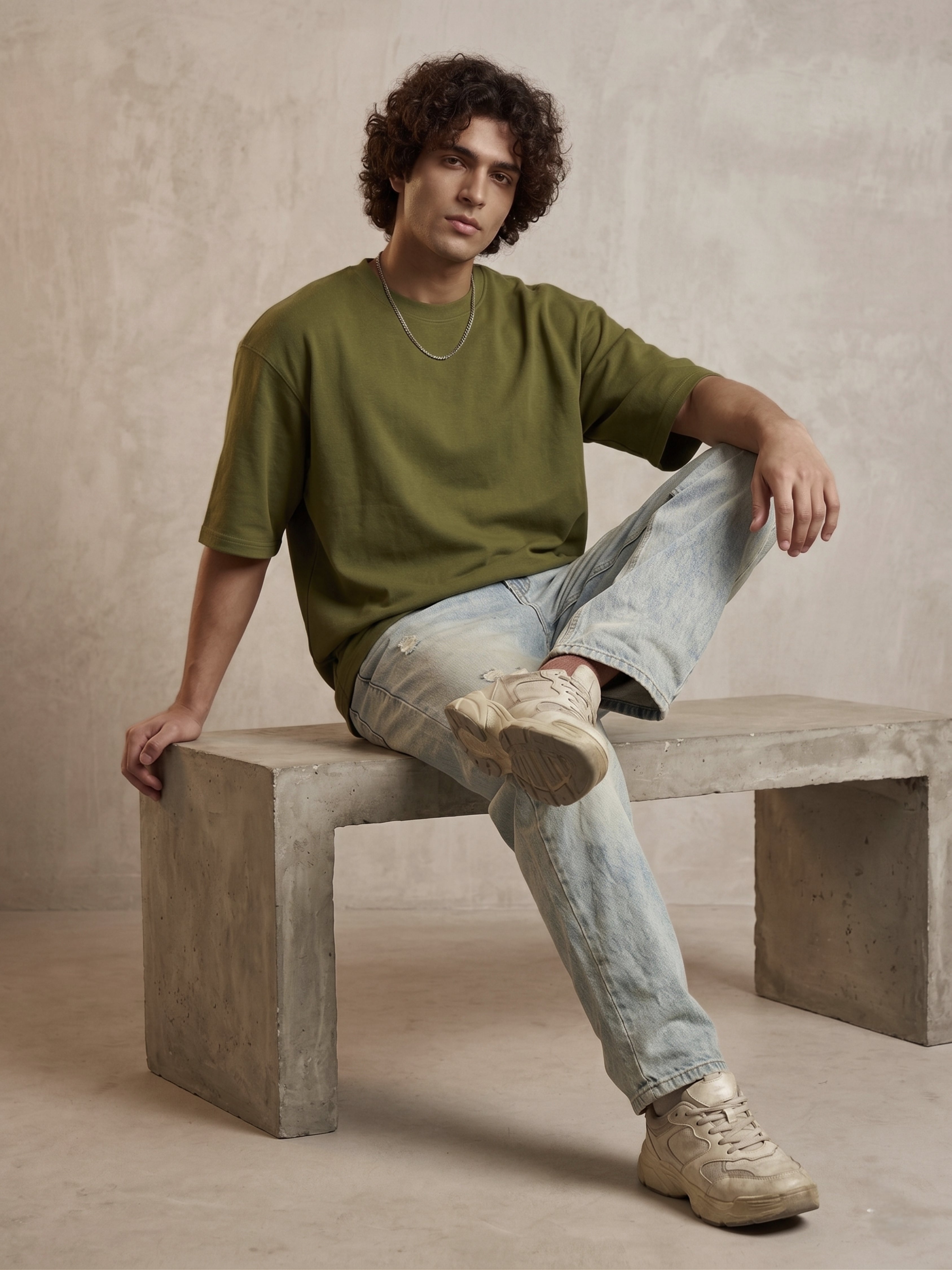 Olive Cotton Lycra Terry oversized Tee