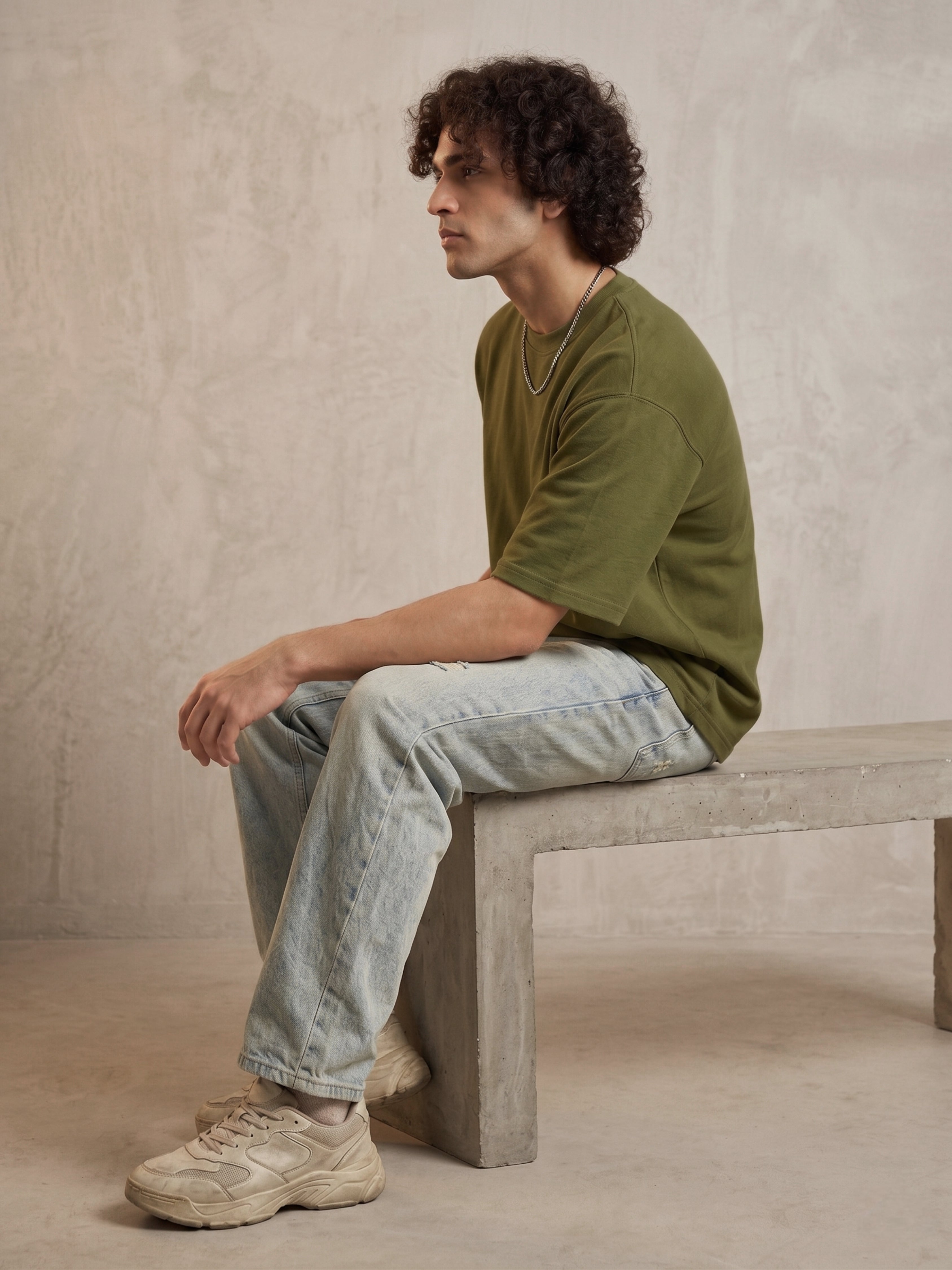 Olive Cotton Lycra Terry oversized Tee