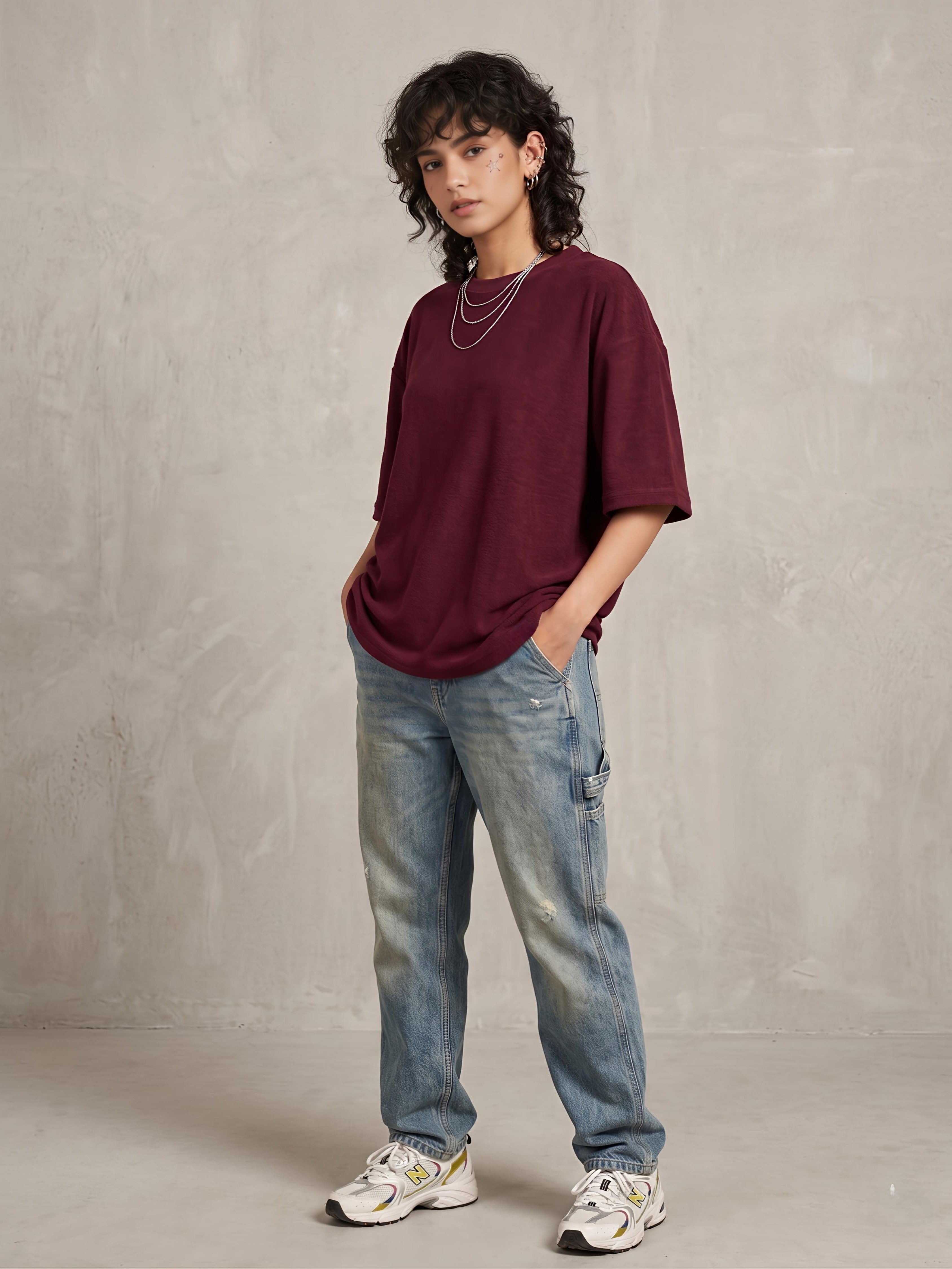 Maroon Cotton Lycra Terry oversized Tee