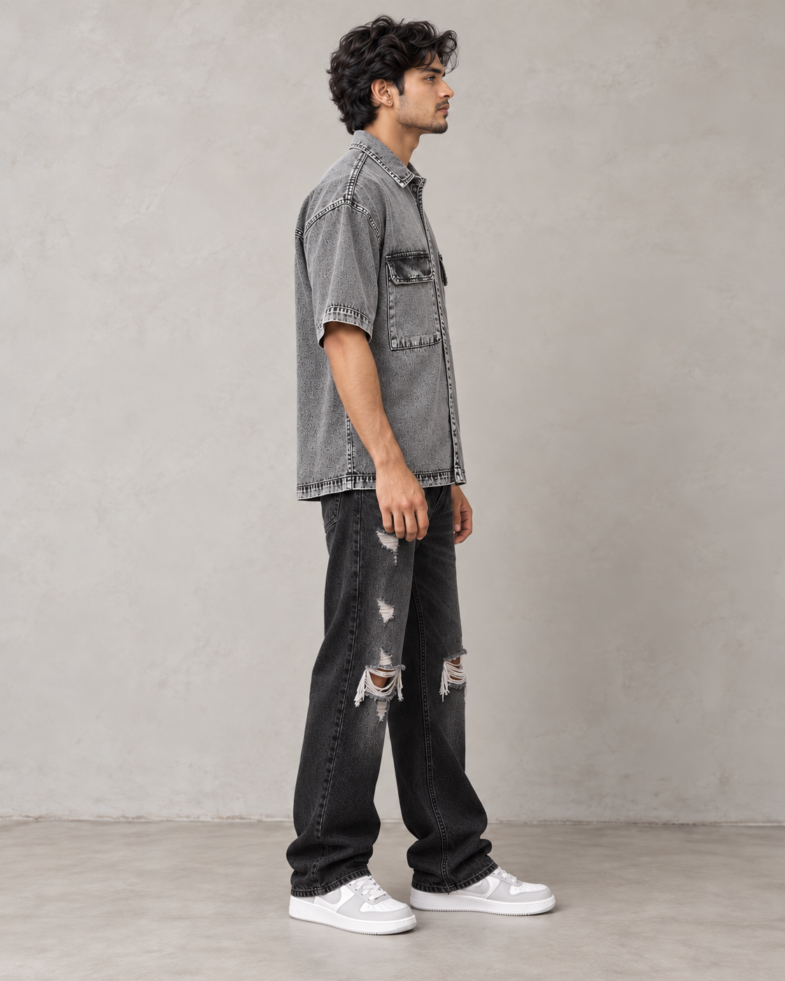 Black Denim Wash Boxy Shirt