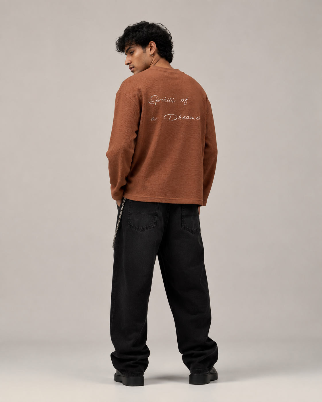 Brown Waffle Boxy Fit Full Sleeves Tee