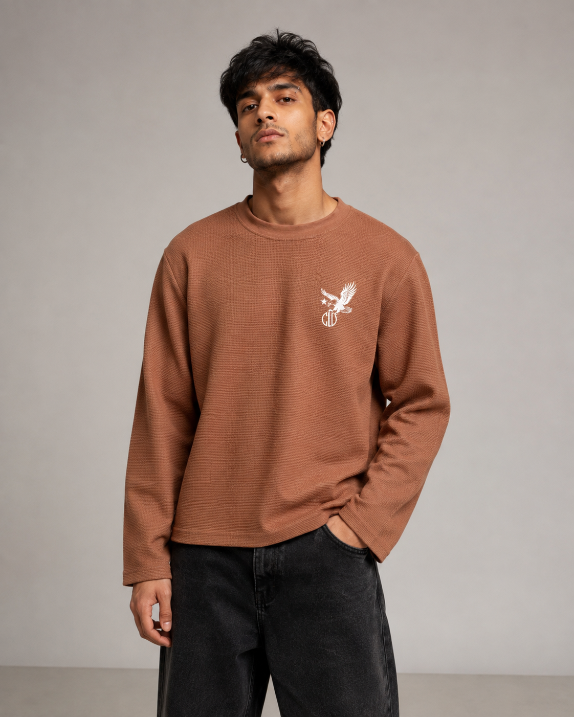 Brown Waffle Boxy Fit Full Sleeves Tee