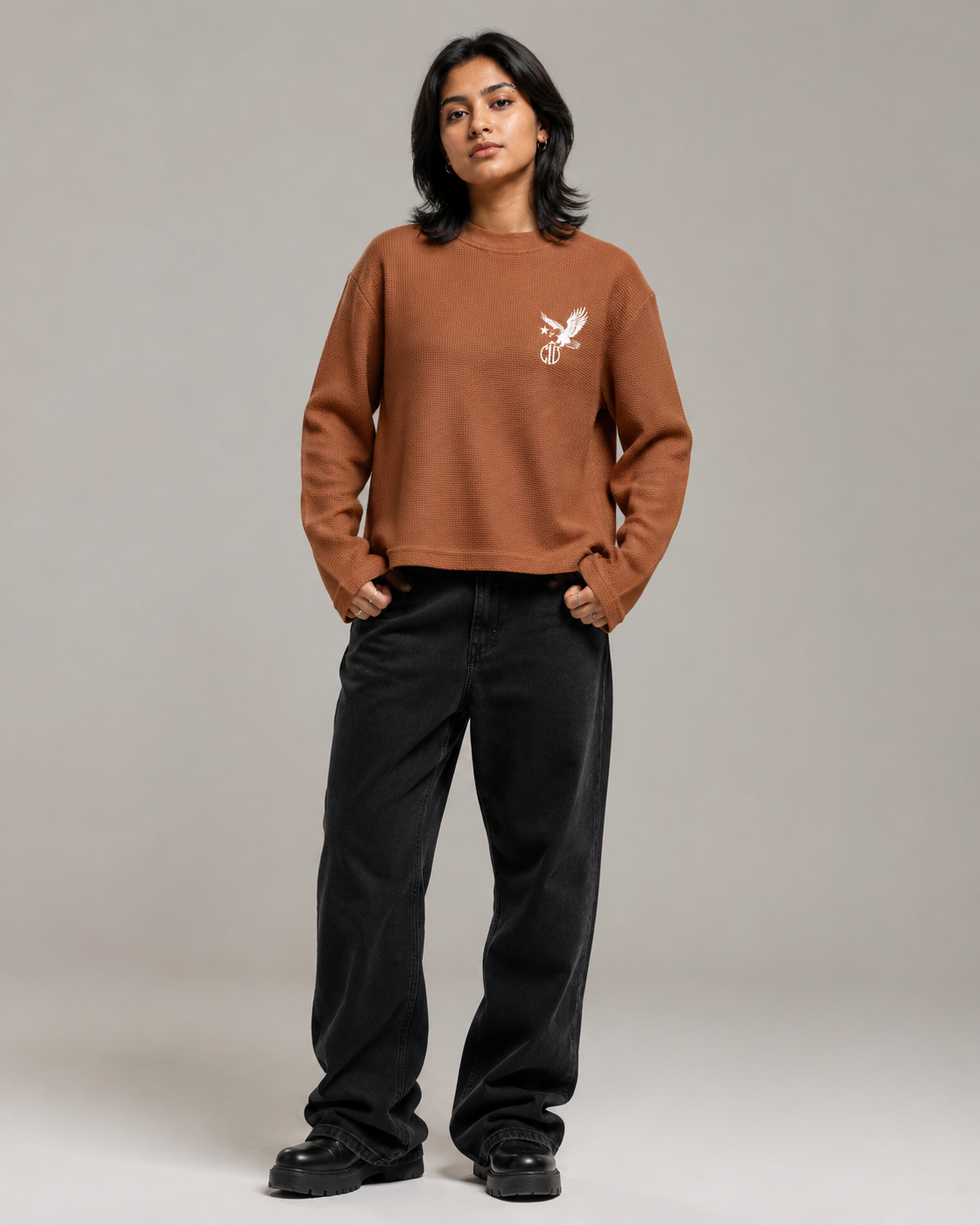 Brown Waffle Boxy Fit Full Sleeves Tee