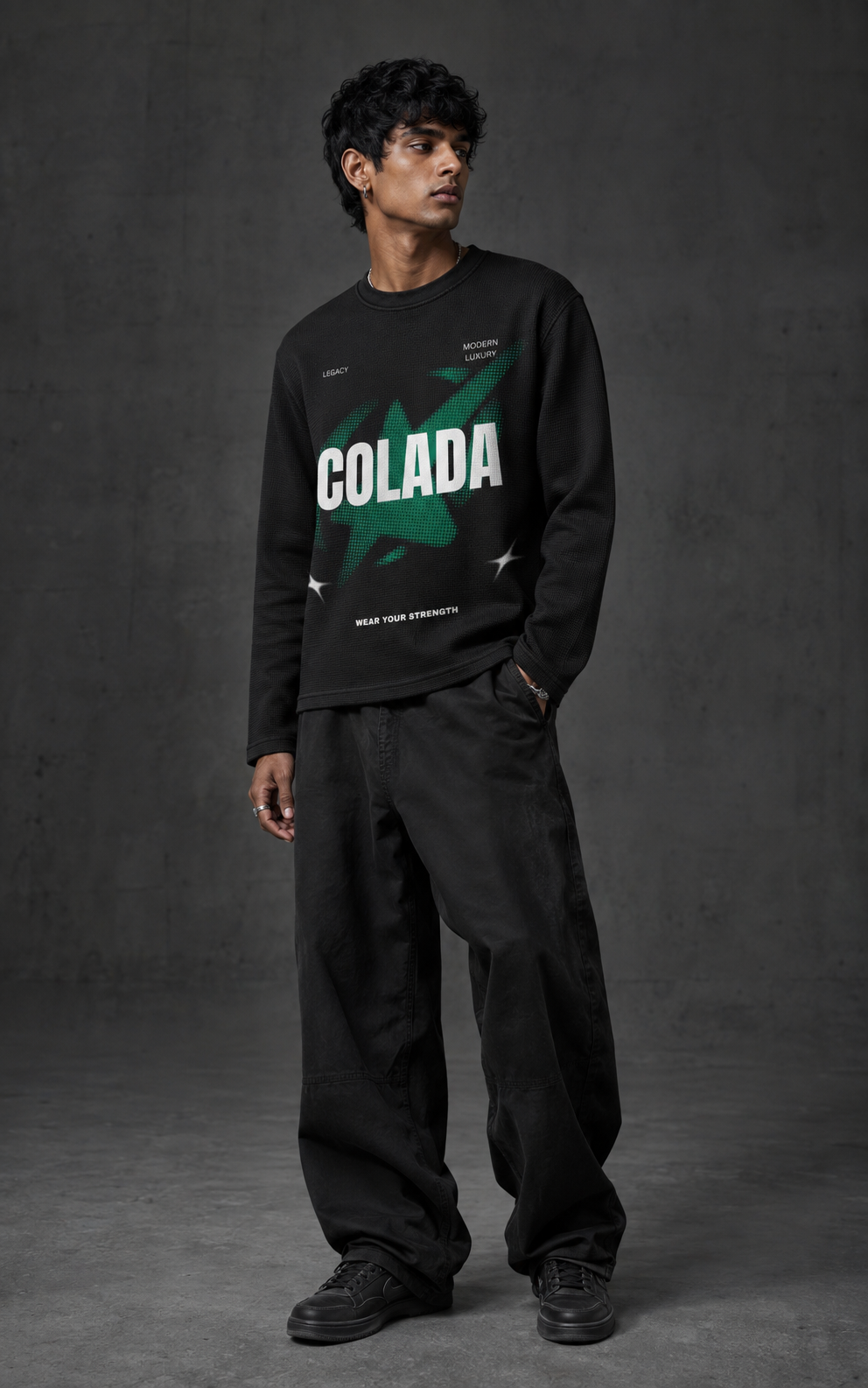 Green Star Black Waffle Tee