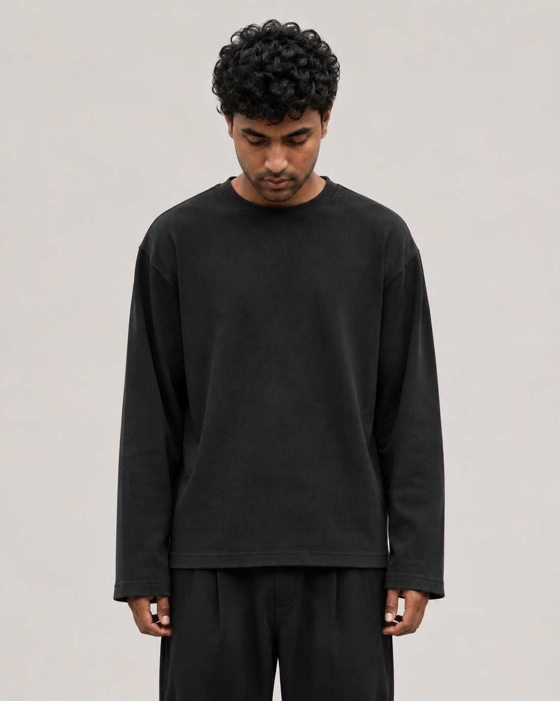 Black Mini Waffle Boxy Tee