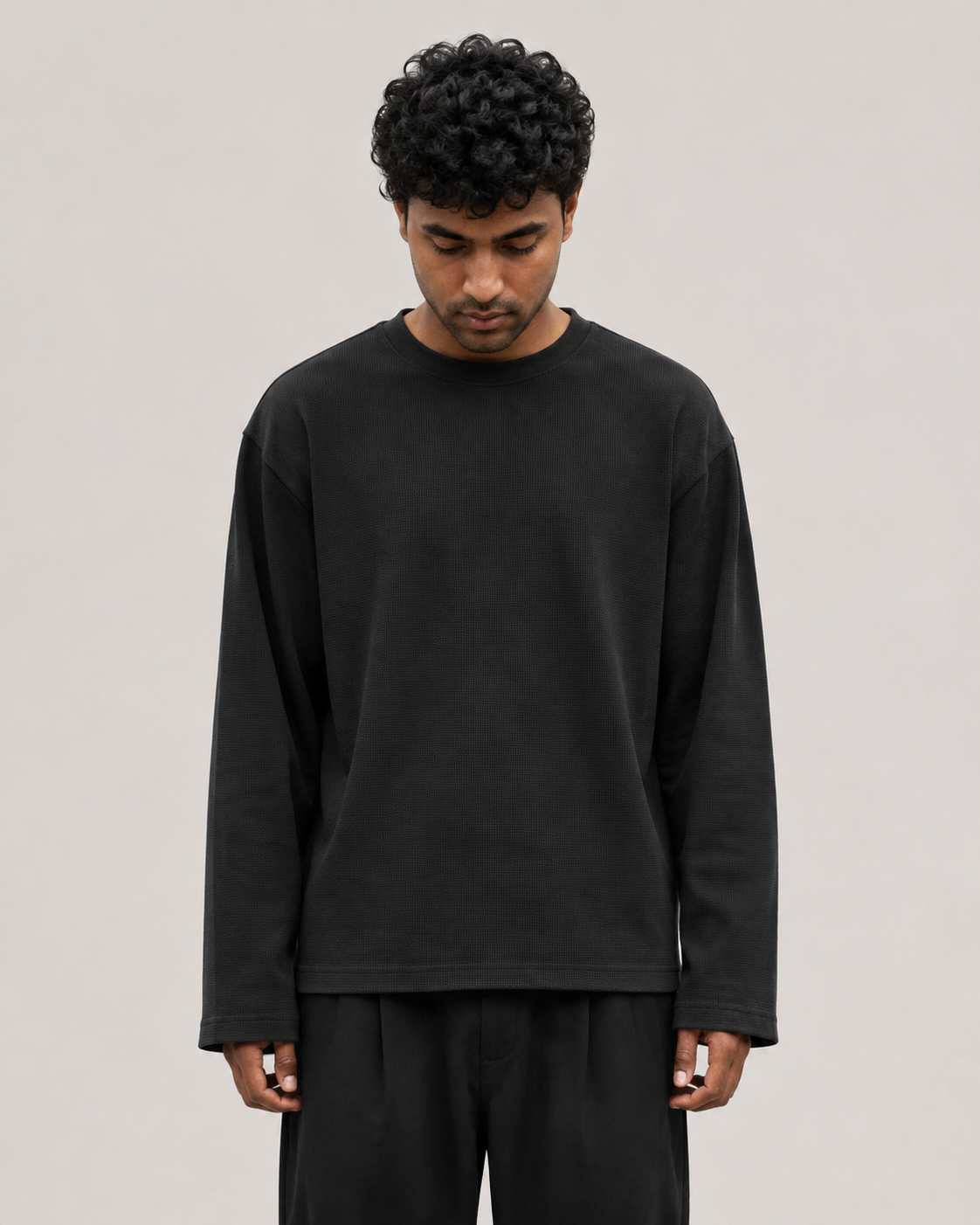 Black Mini Waffle Boxy Tee