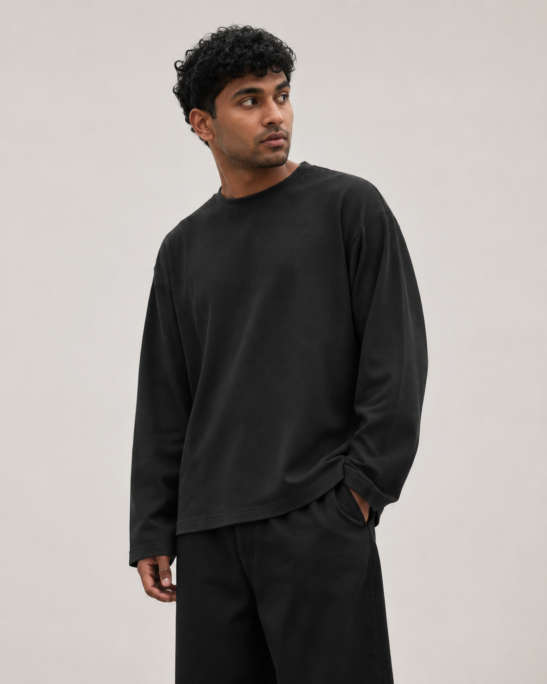 Black Mini Waffle Boxy Tee