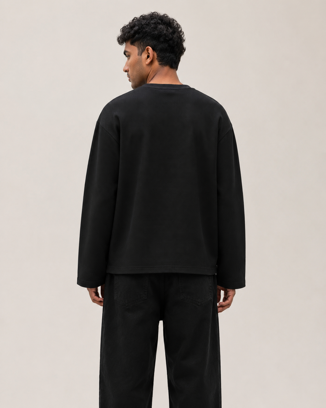 Black Mini Waffle Boxy Tee