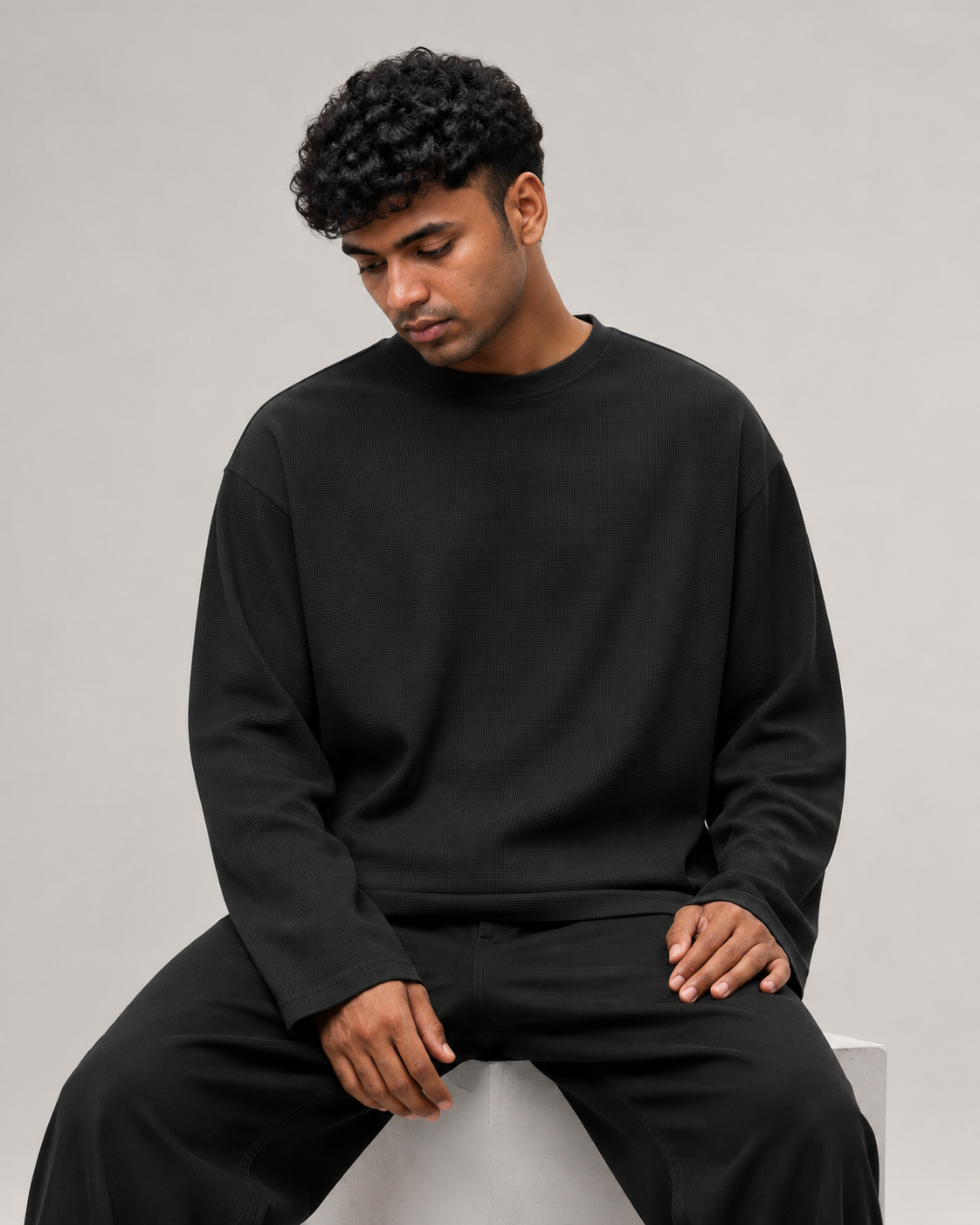 Black Mini Waffle Boxy Tee
