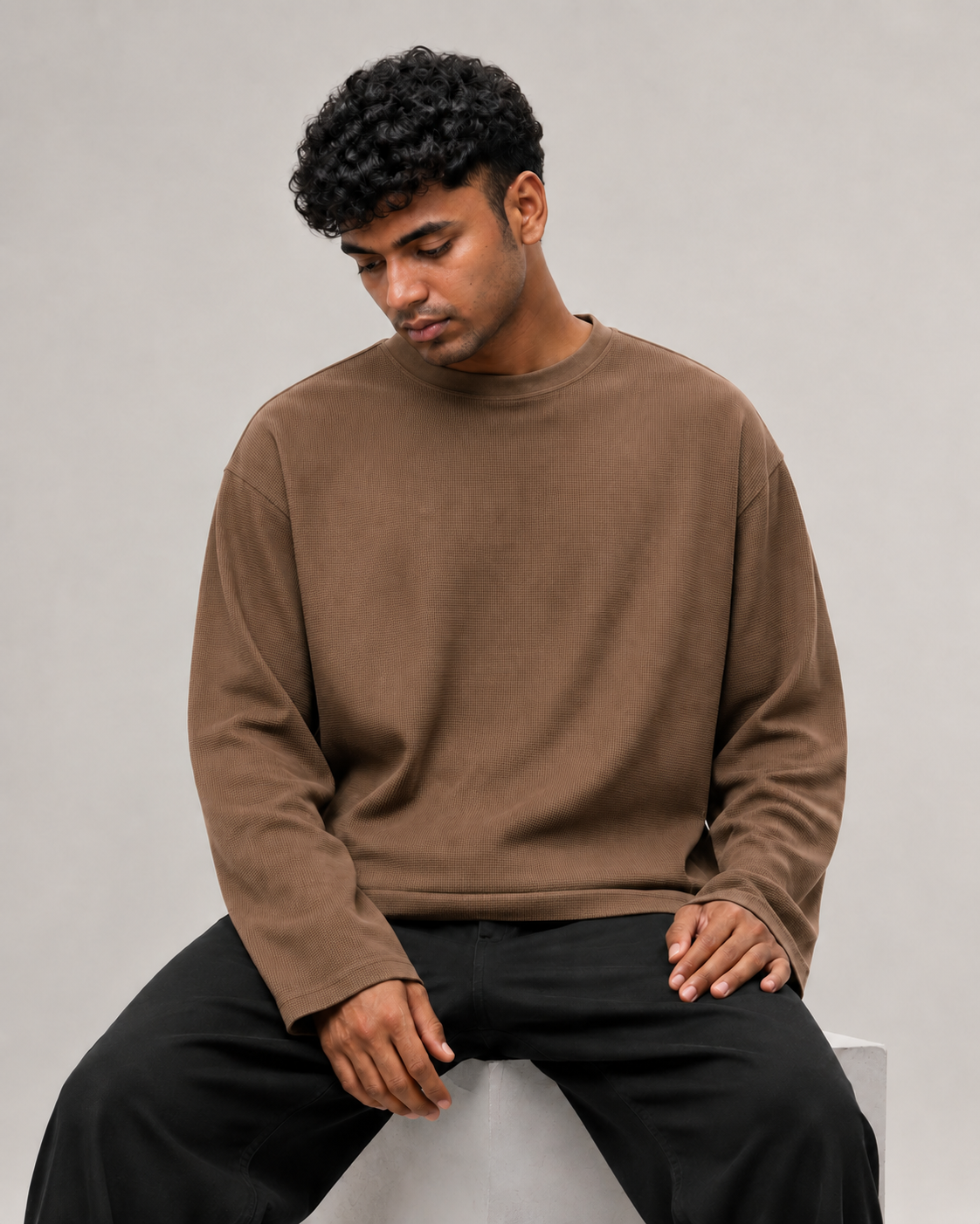 Pecan Brown Mini Waffle Boxy Tee