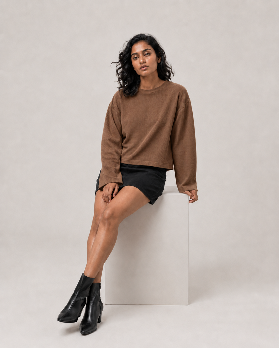 Pecan Brown Mini Waffle Boxy Tee