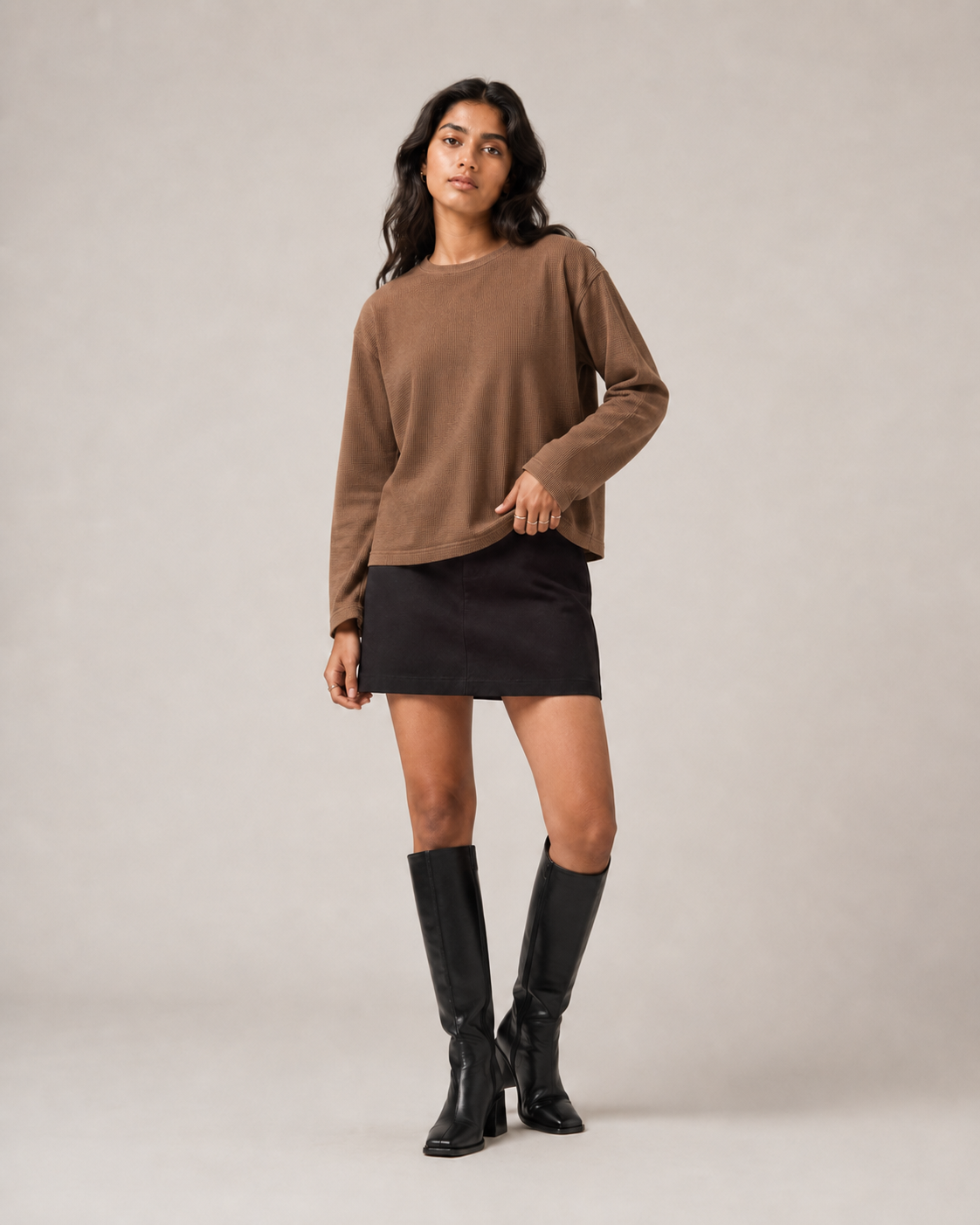 Pecan Brown Mini Waffle Boxy Tee