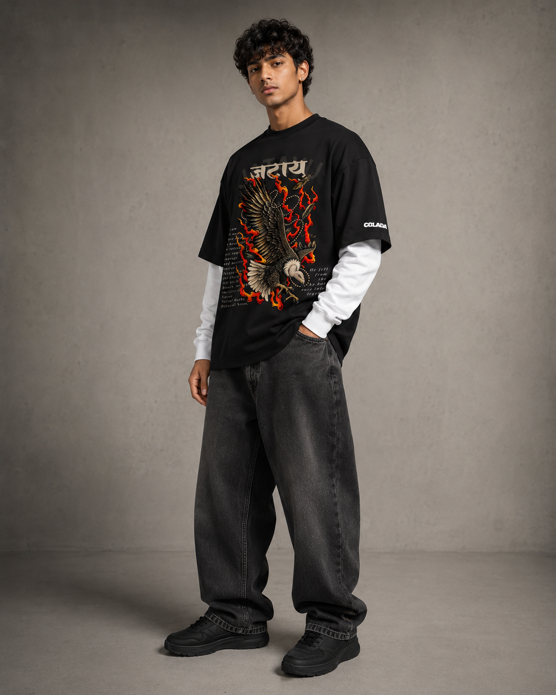 Jatayu Black Attached Sleeve Oversized Tee