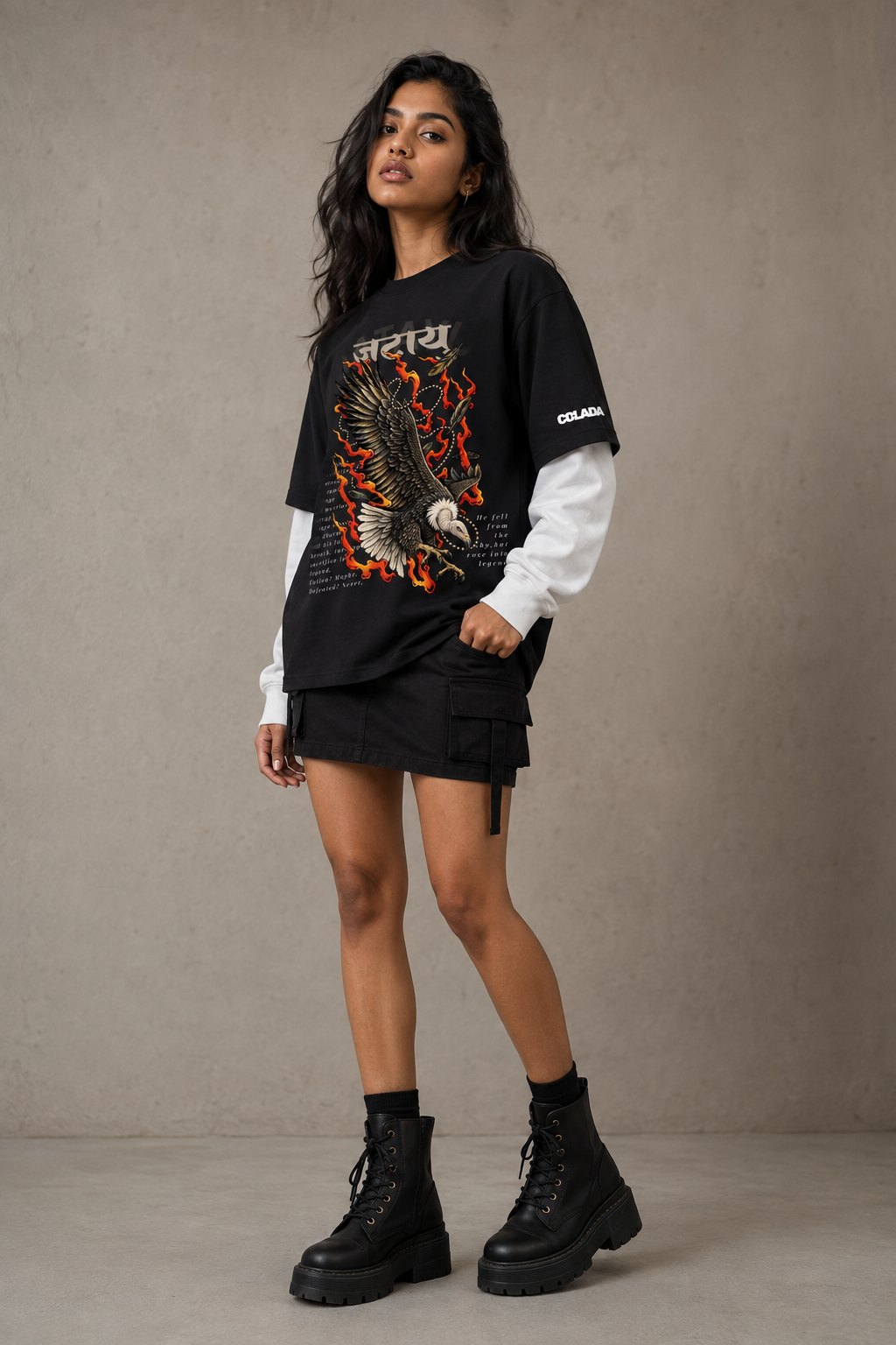 Jatayu Black Attached Sleeve Oversized Tee