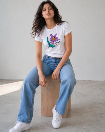 Purple Daisy — White Baby Tee