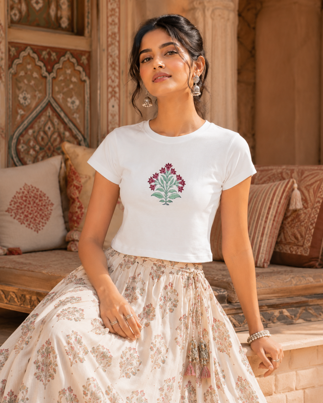 Flowers Block Print White Baby Tee
