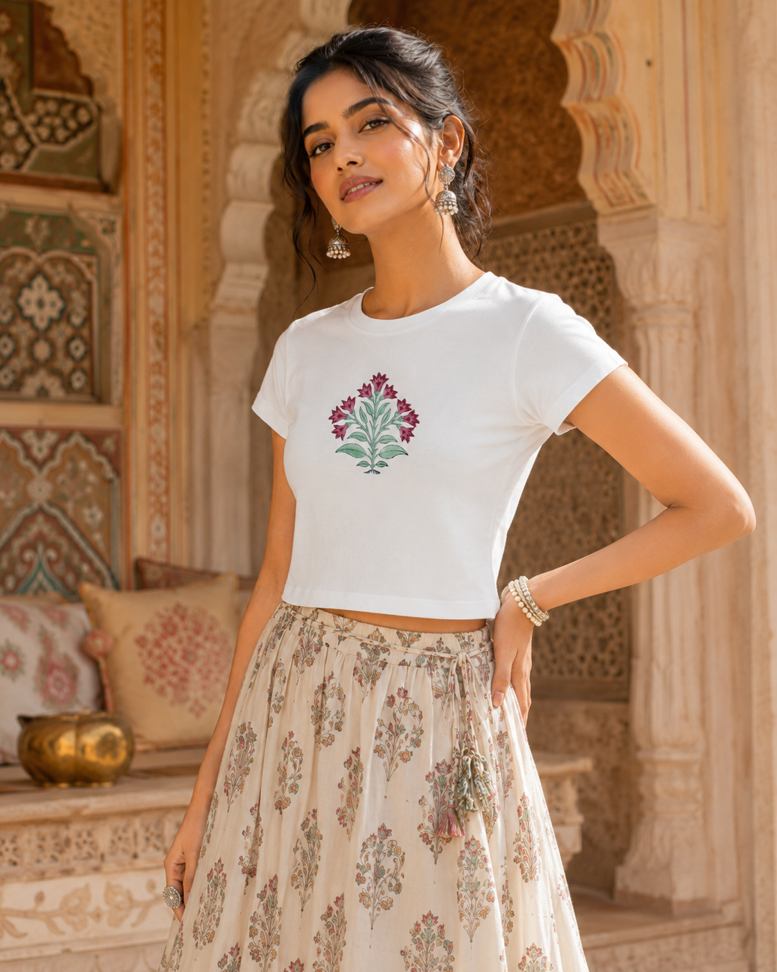 Flowers Block Print White Baby Tee