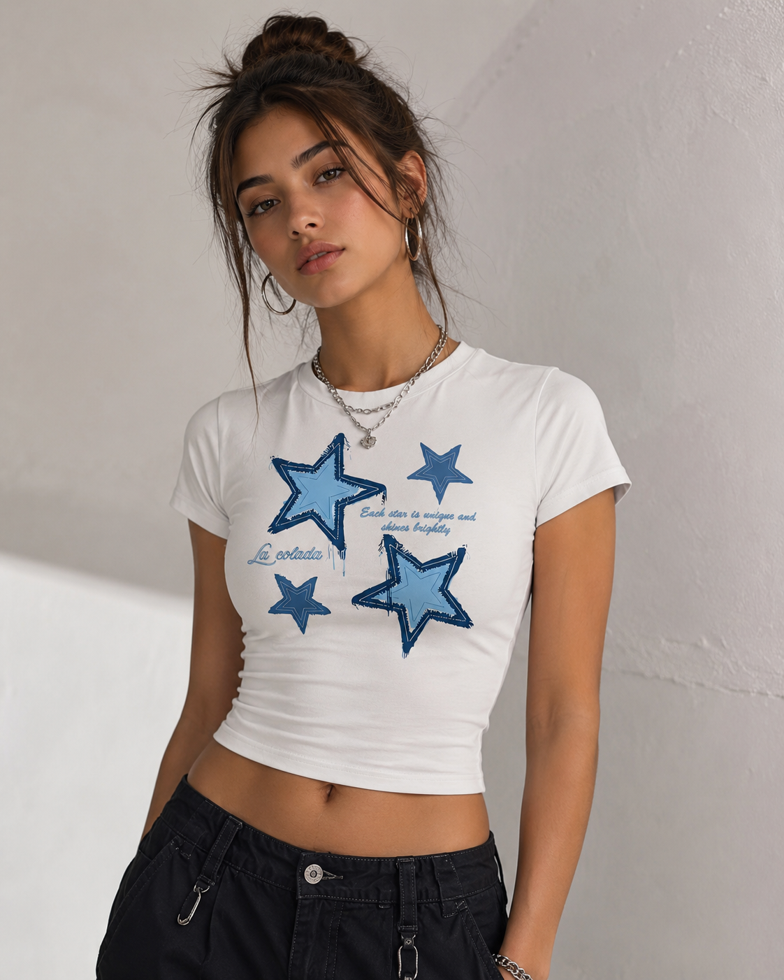 Denim print — White Baby Tee