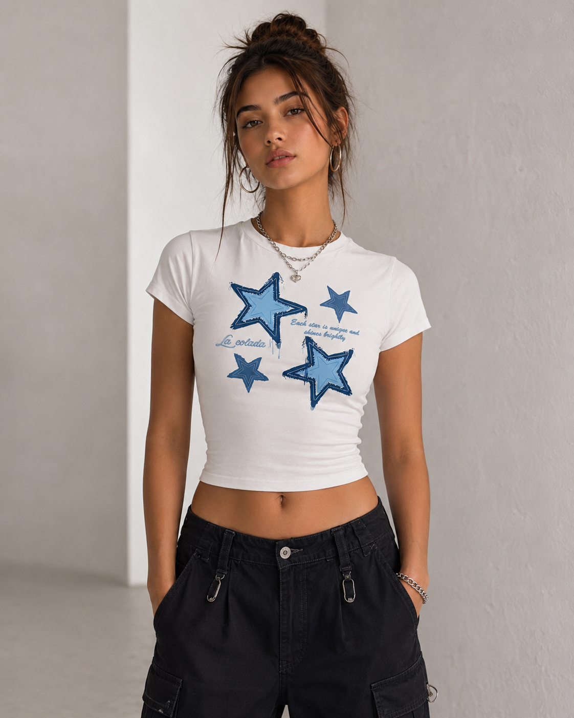 Denim print — White Baby Tee