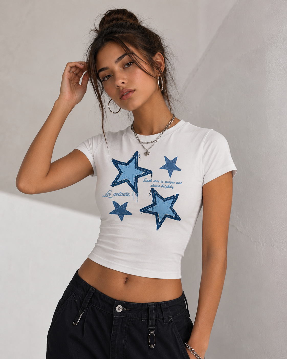 Denim print — White Baby Tee