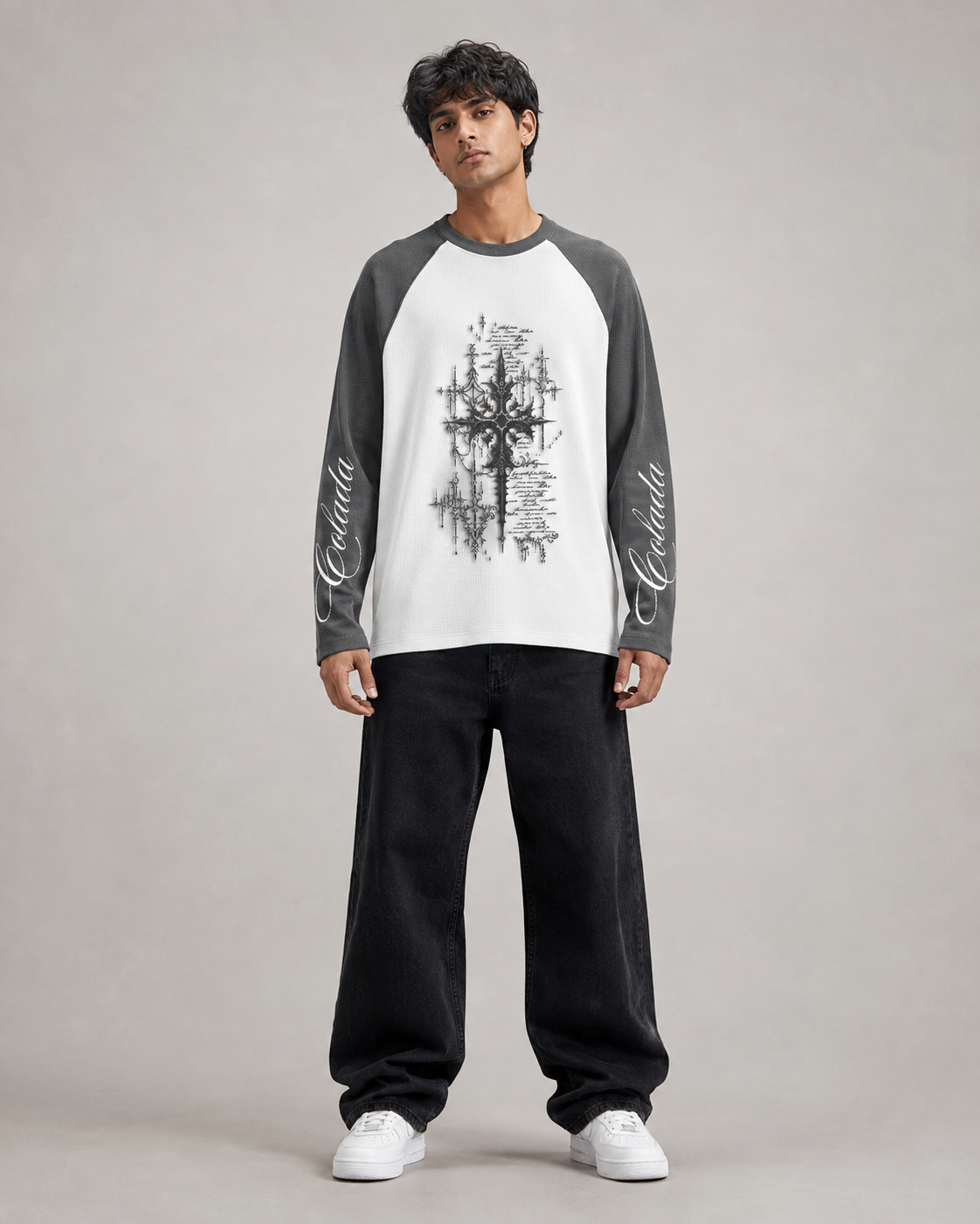 Grey White Ranglan Waffle Tee