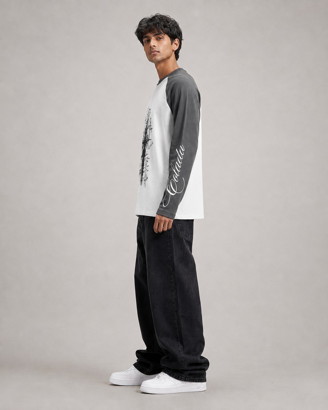 Grey White Ranglan Waffle Tee