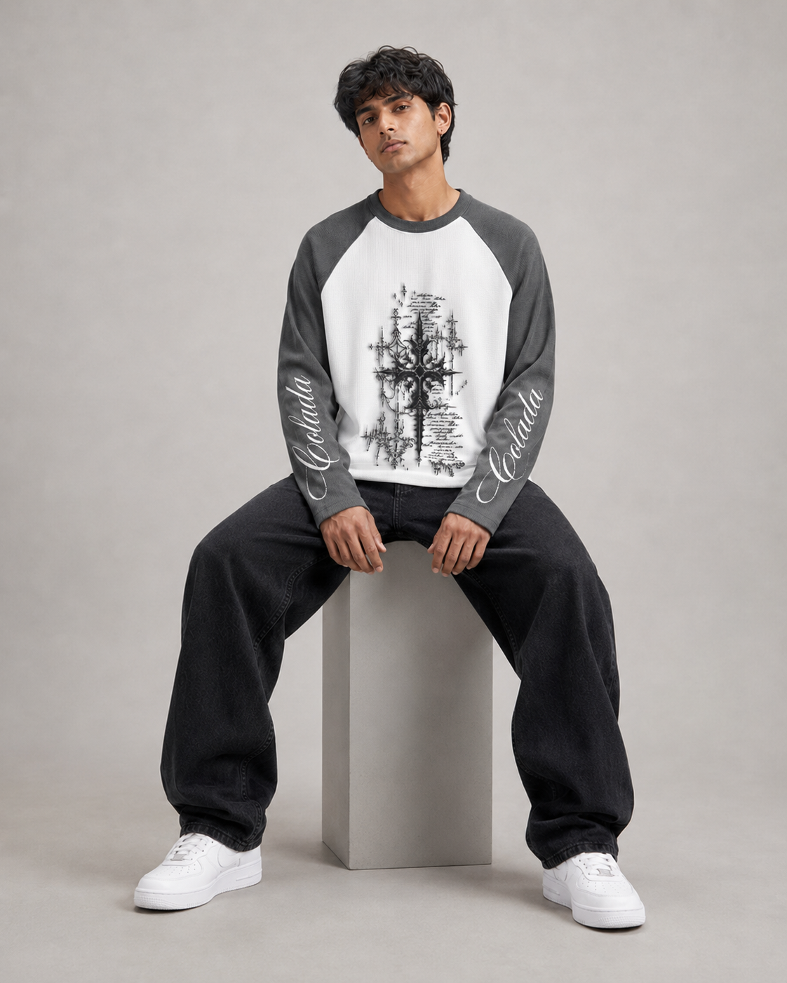 Grey White Ranglan Waffle Tee