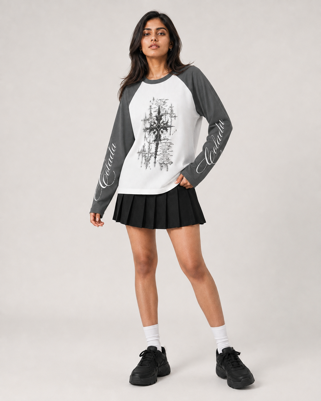 Grey White Ranglan Waffle Tee