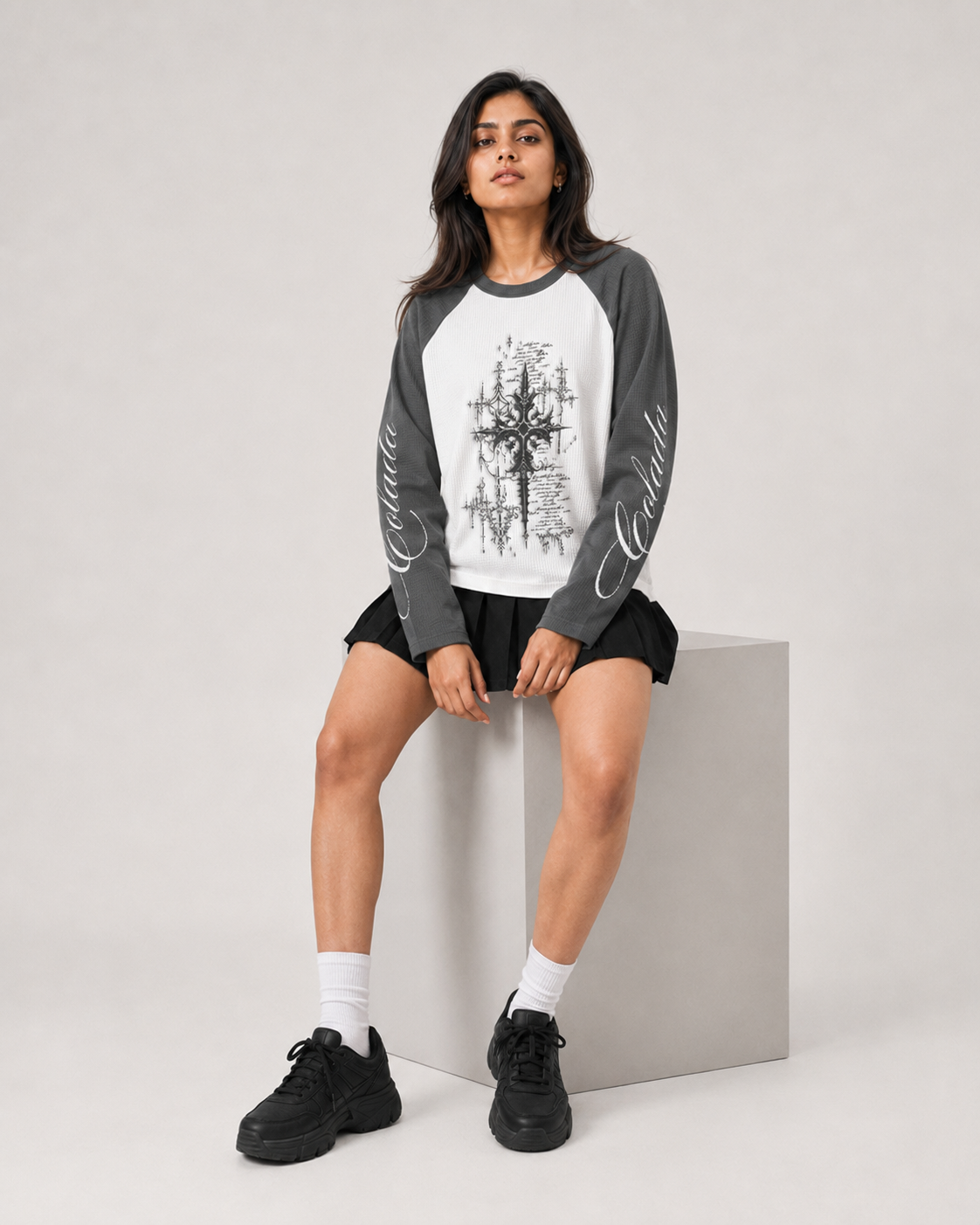 Grey White Ranglan Waffle Tee