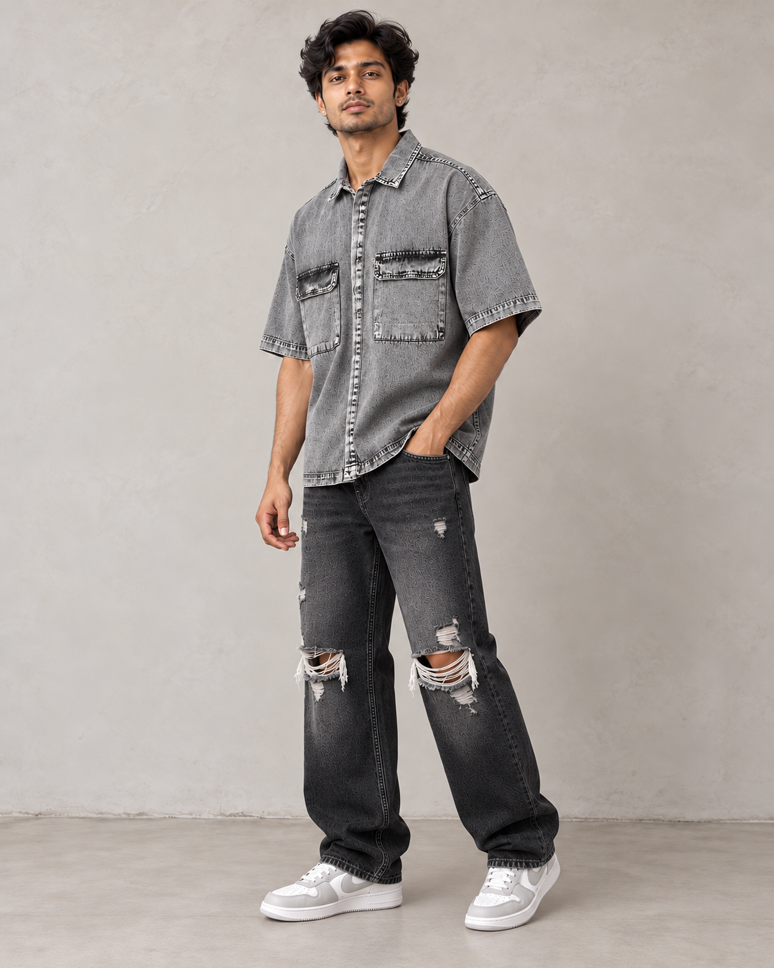 Black Denim Wash Boxy Shirt