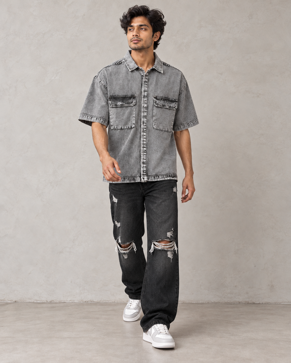 Black Denim Wash Boxy Shirt