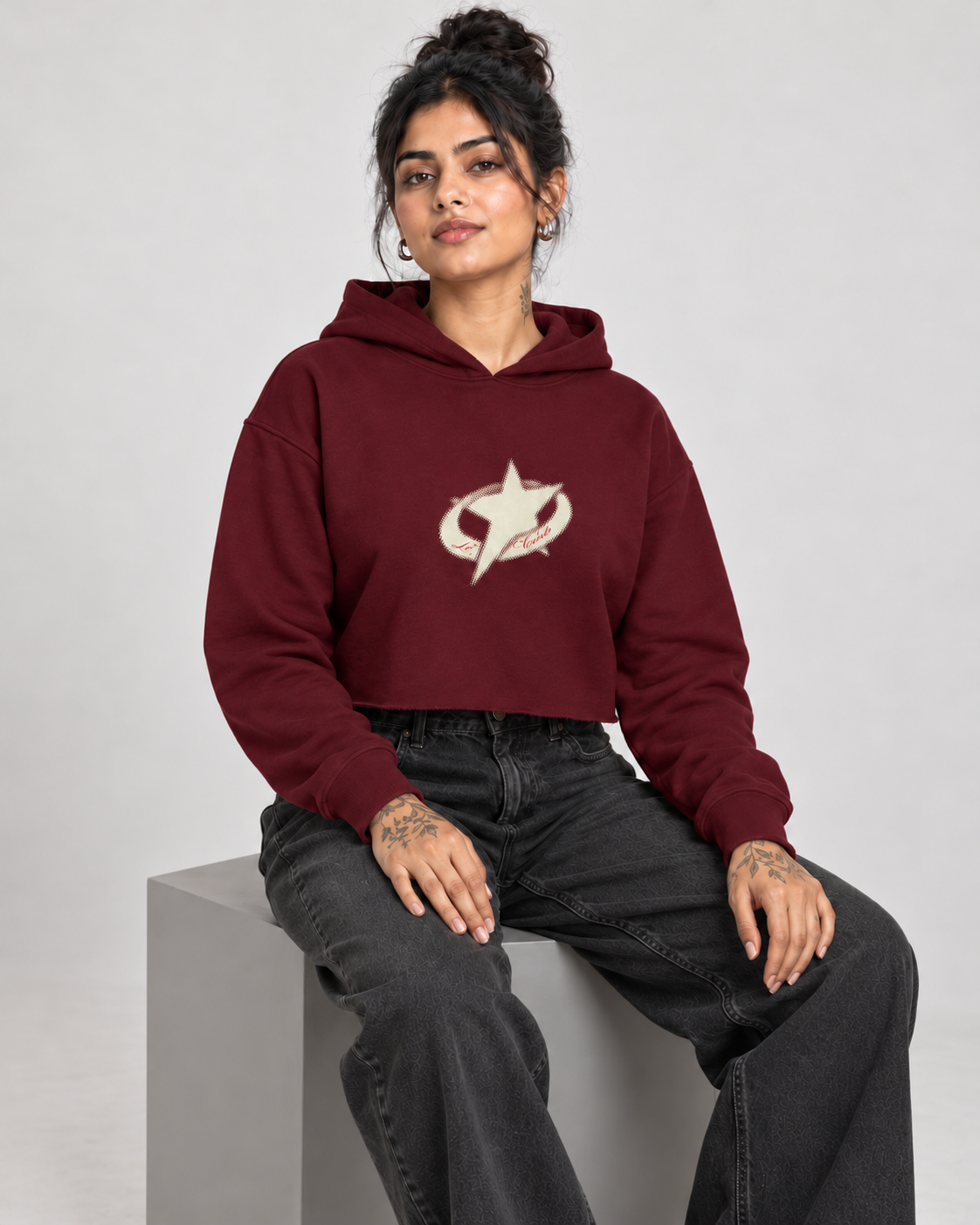 Maroon Women Crop Hoodie