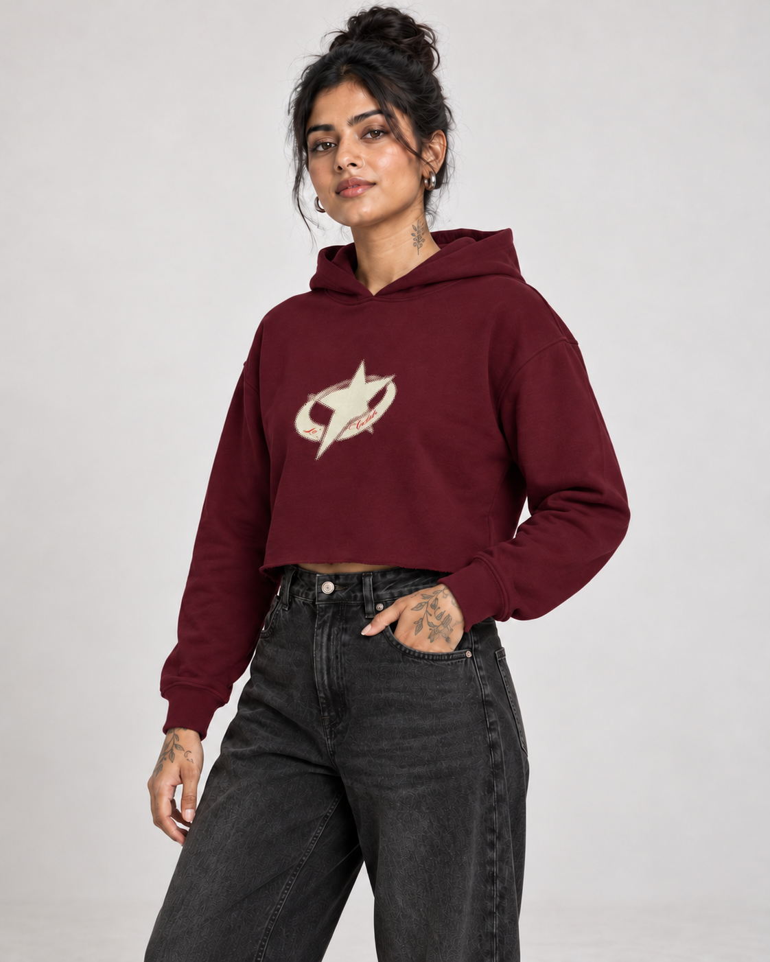 Maroon Women Crop Hoodie