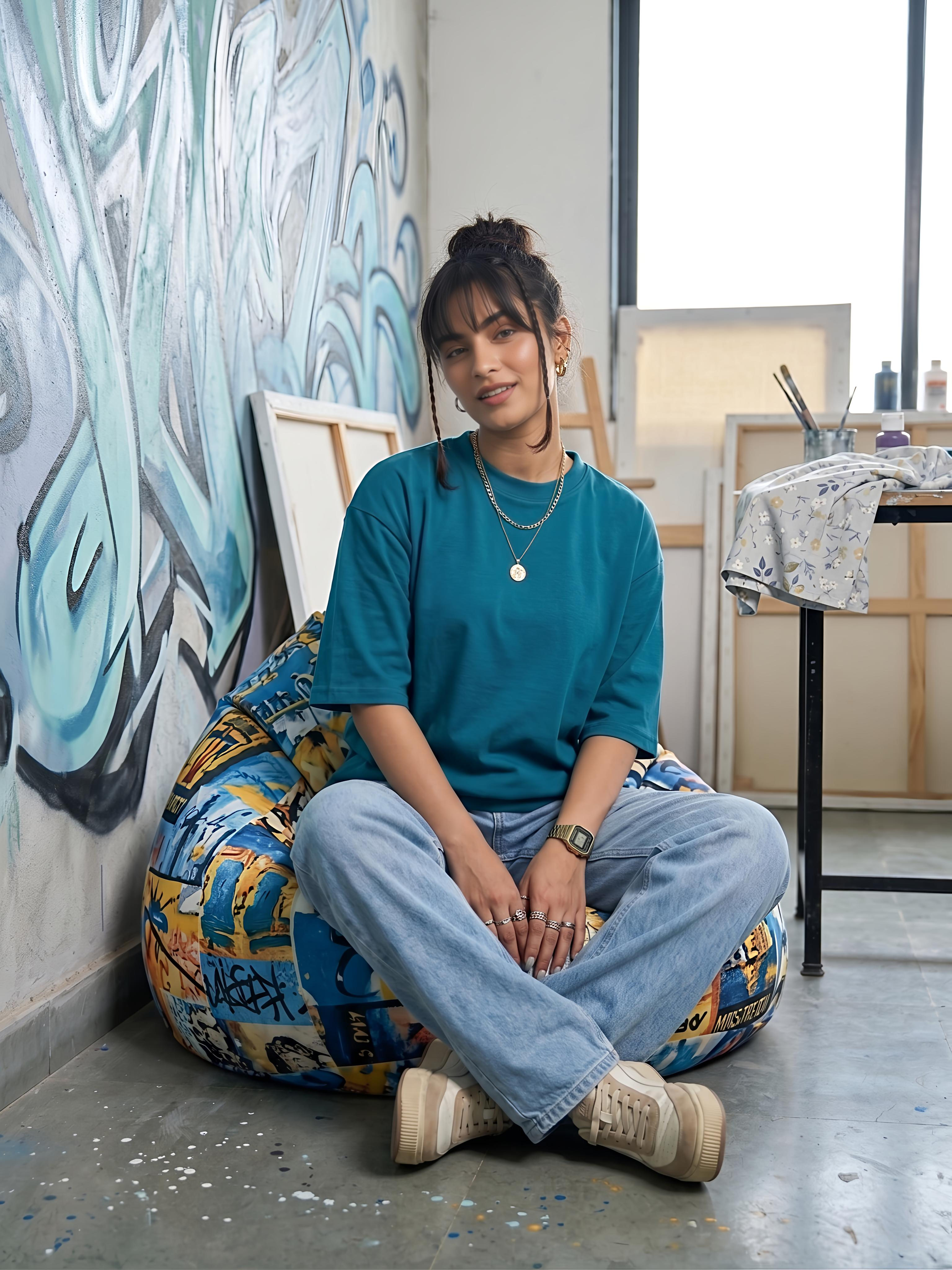 Teal Cotton Lycra Terry oversized Tee