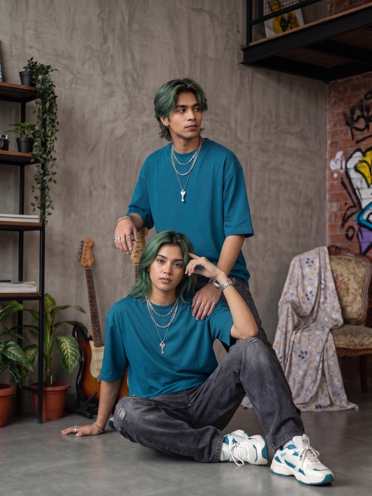 Teal Cotton Lycra Terry oversized Tee