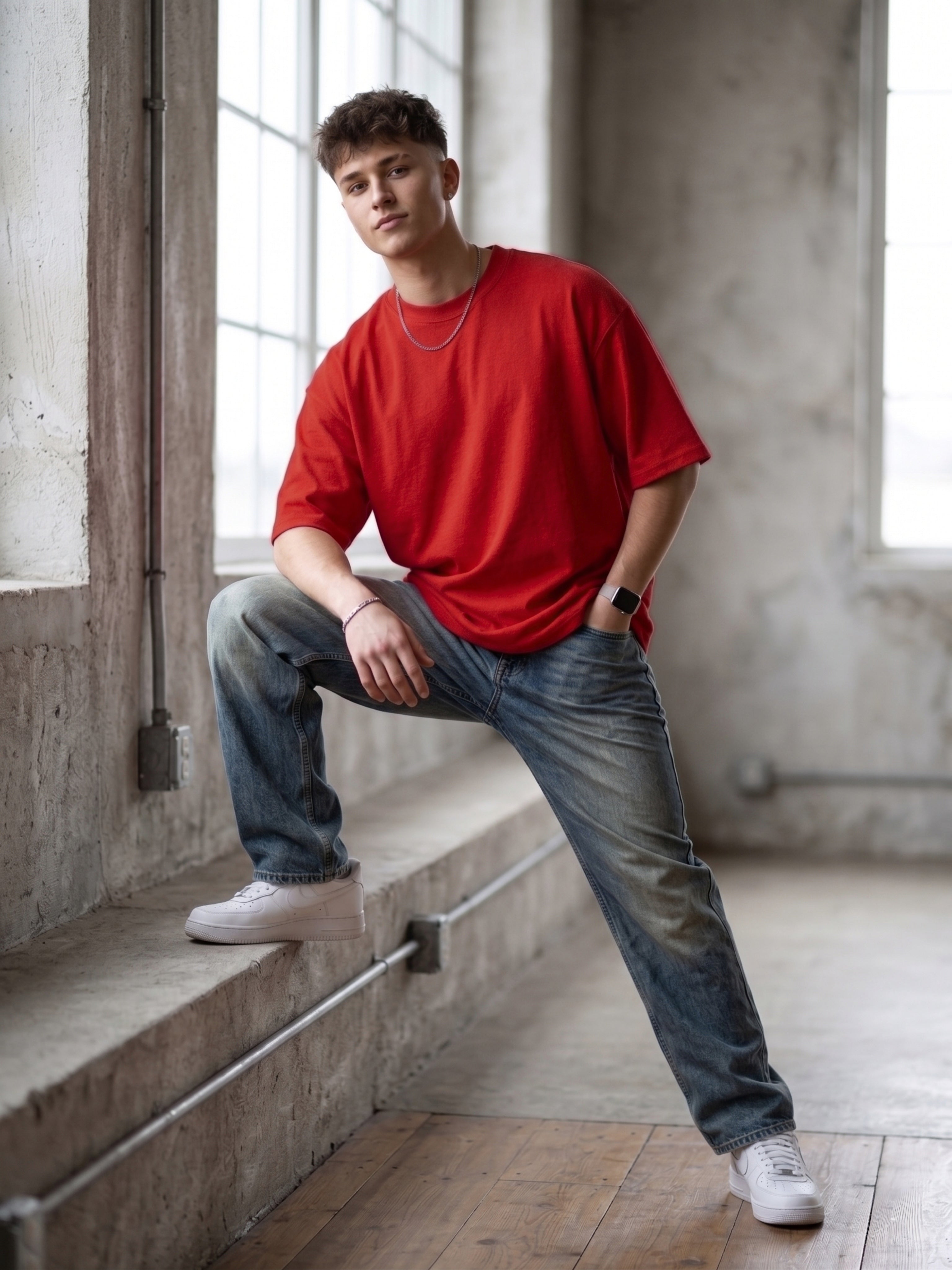 Red Cotton Lycra Terry oversized Tee