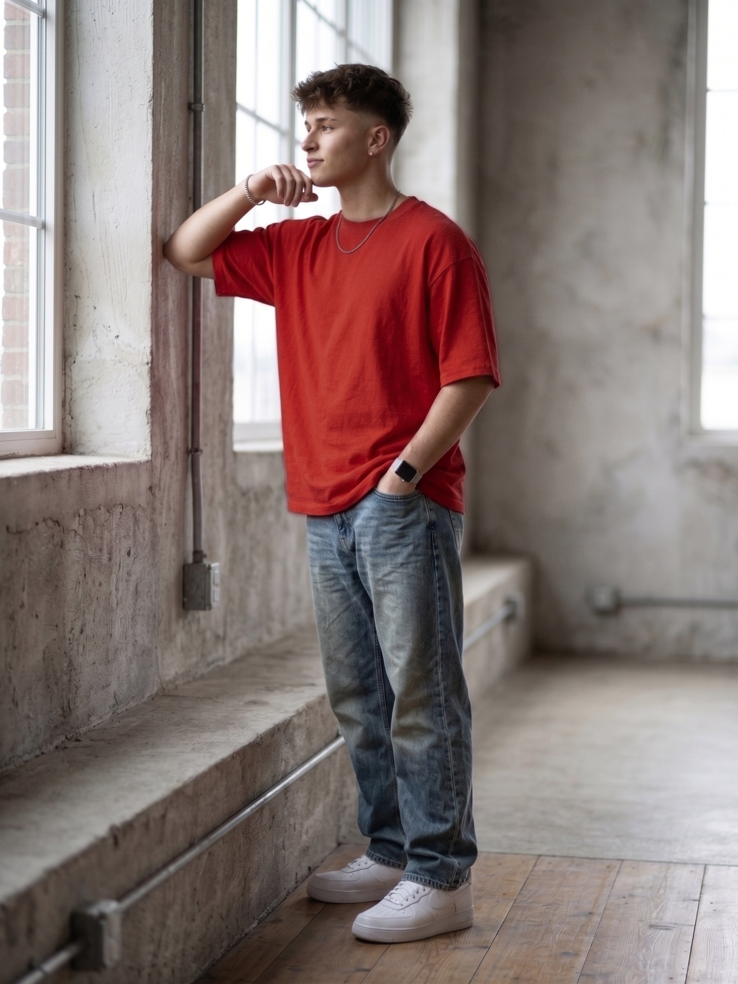 Red Cotton Lycra Terry oversized Tee