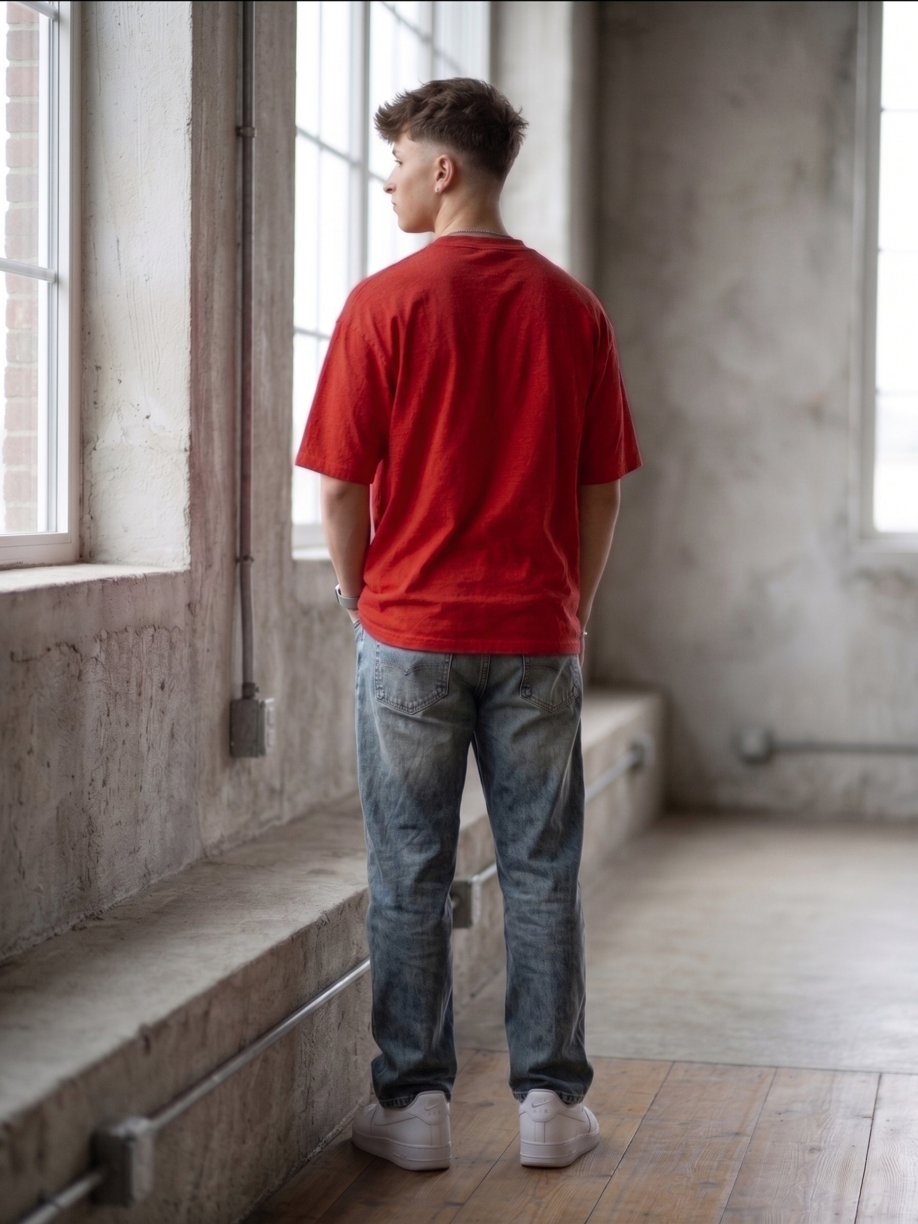 Red Cotton Lycra Terry oversized Tee