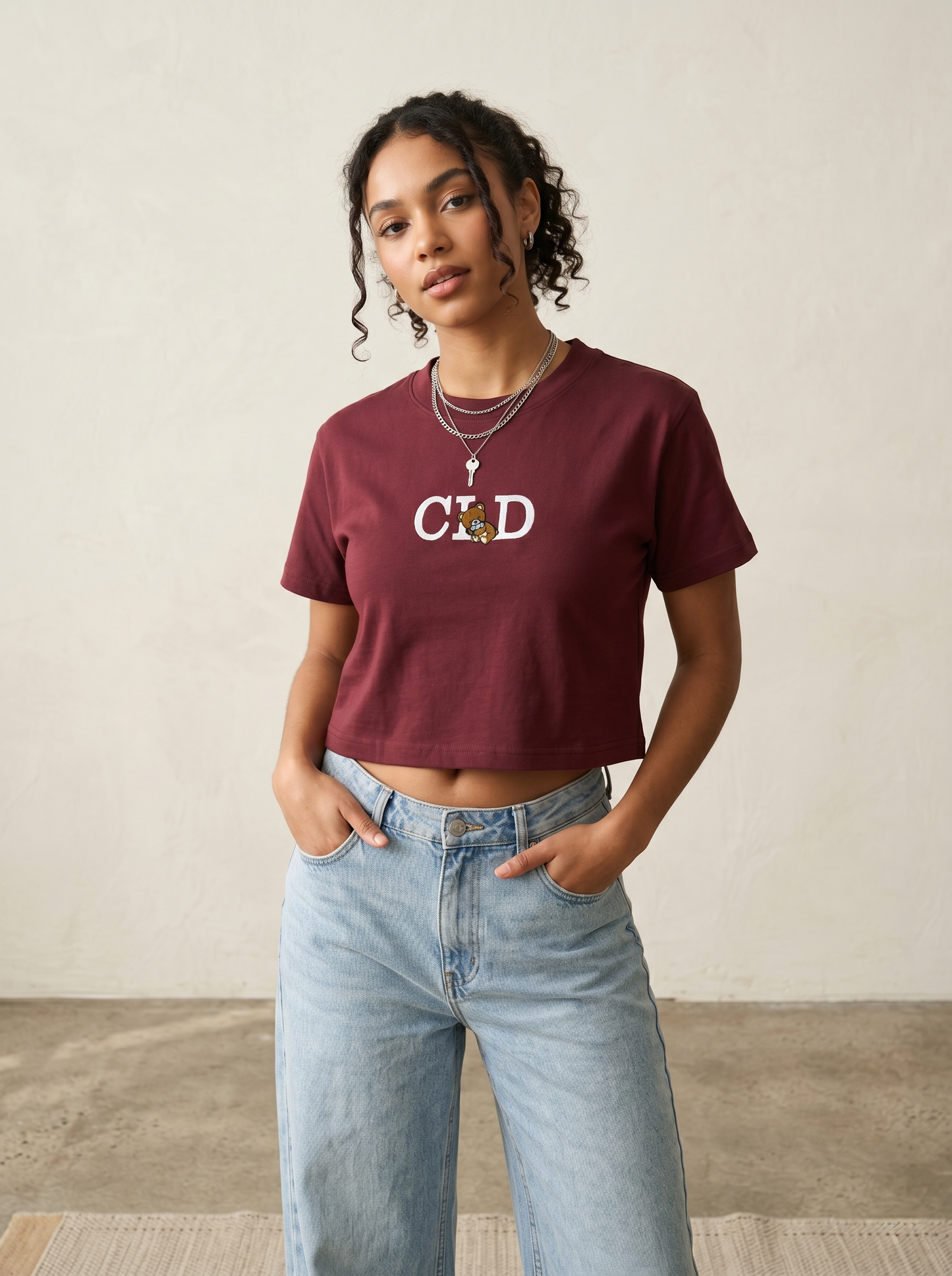 Maroon Gold Wash Embroidered Baby Tee