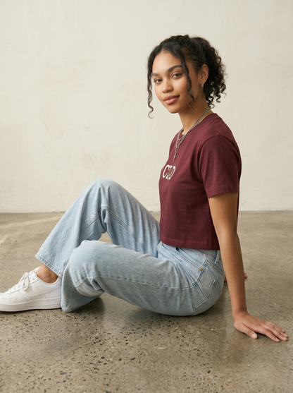 Maroon Gold Wash Embroidered Baby Tee