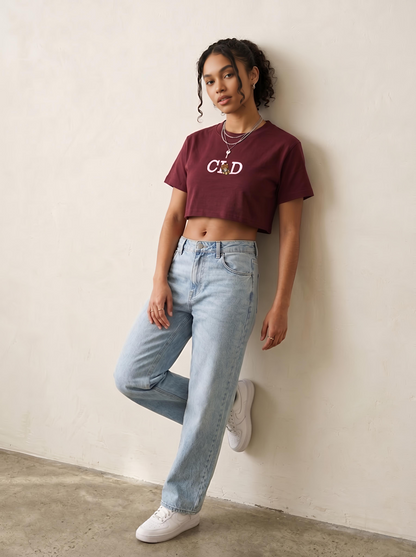 Maroon Gold Wash Embroidered Baby Tee