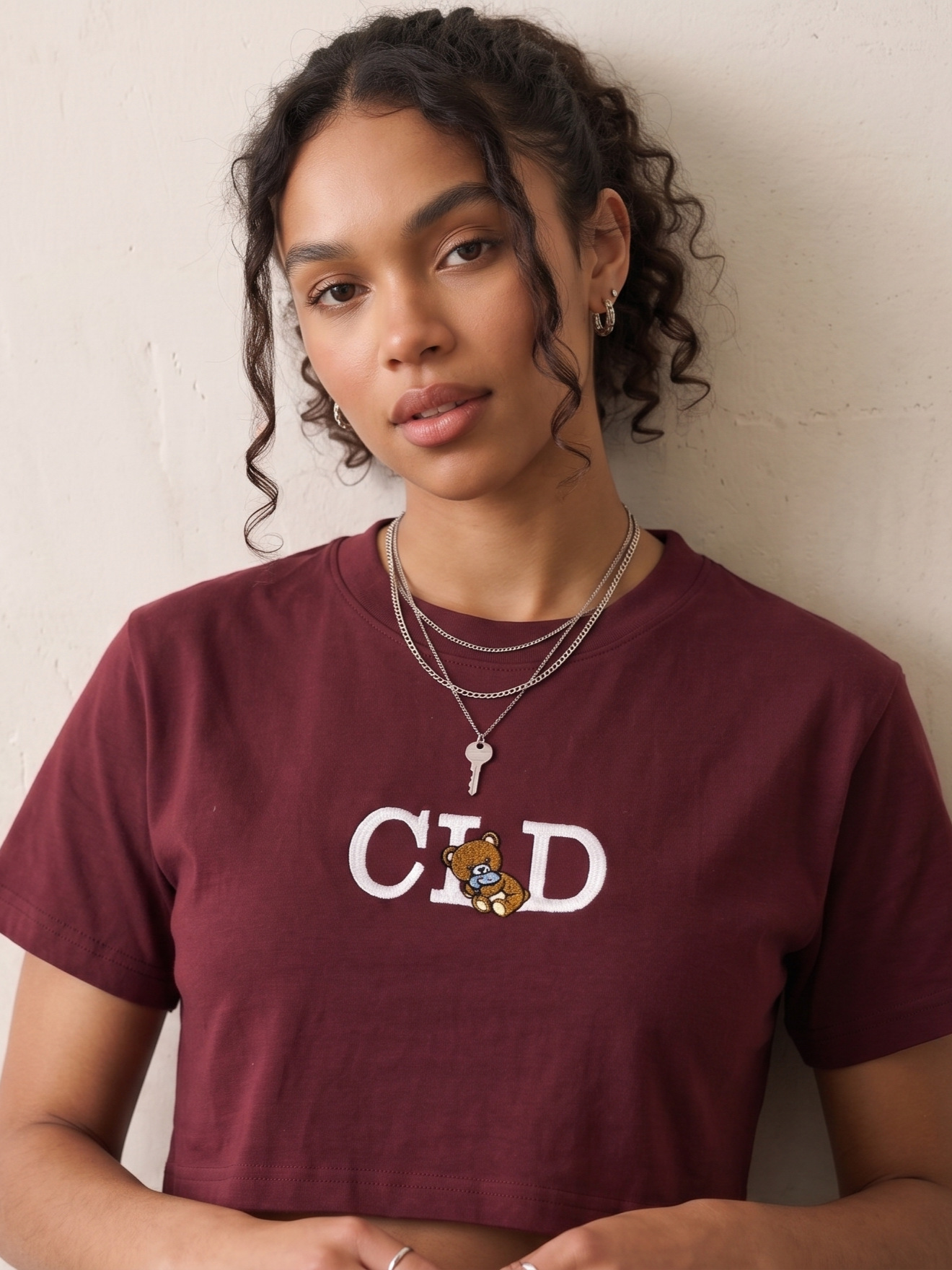 Maroon Gold Wash Embroidered Baby Tee
